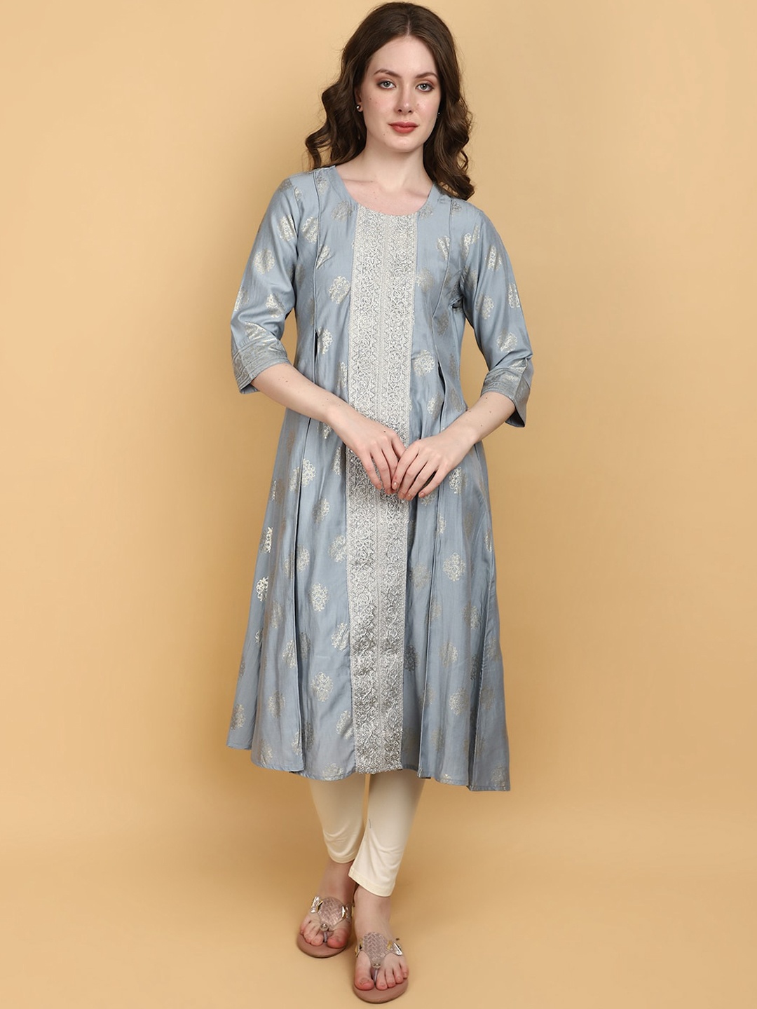 

V-Mart Ethnic Motifs Printed Thread Work A-Line Kurta, Blue
