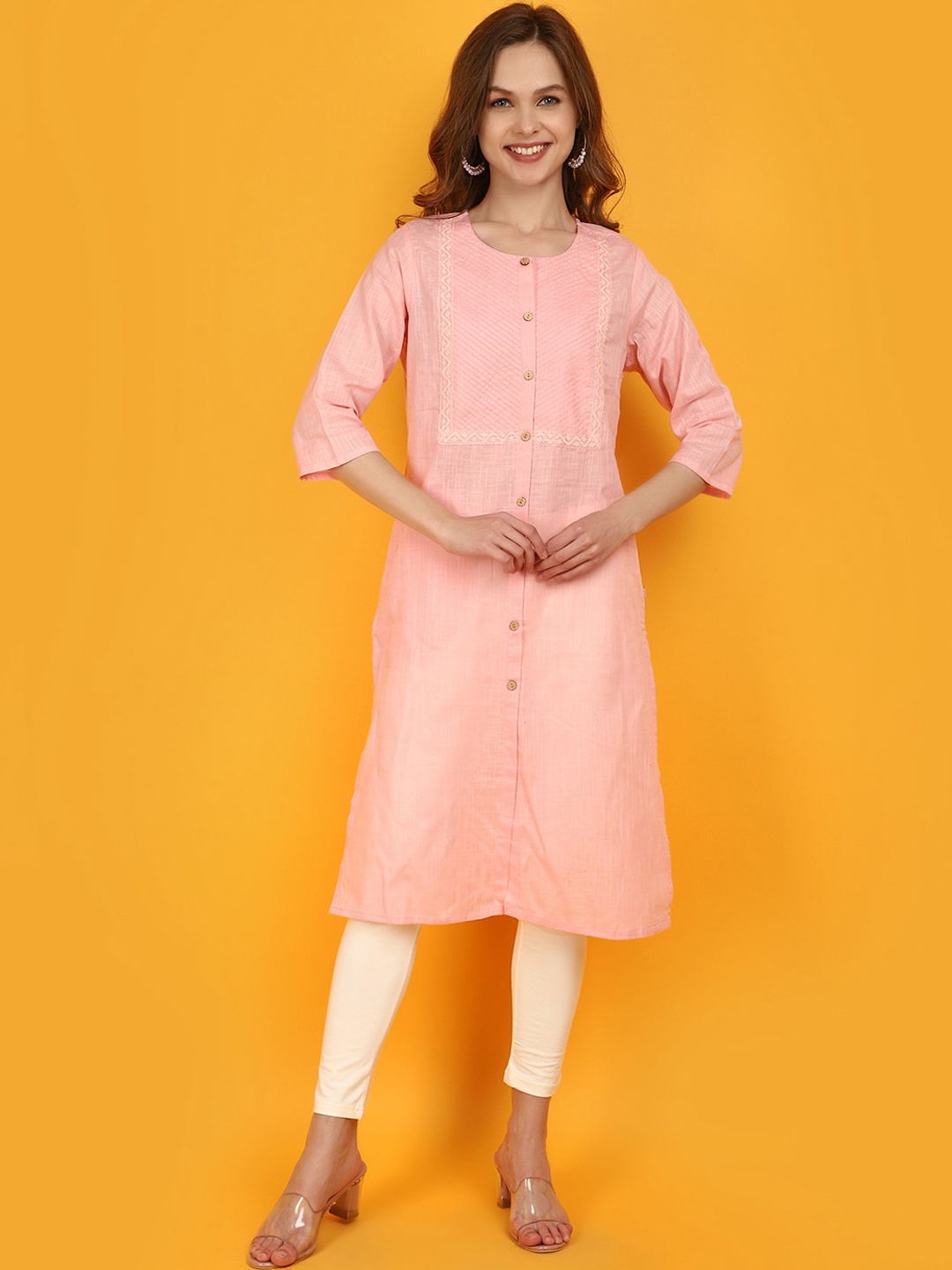 

V-Mart Striped Round Neck Cotton Straight Kurta, Pink