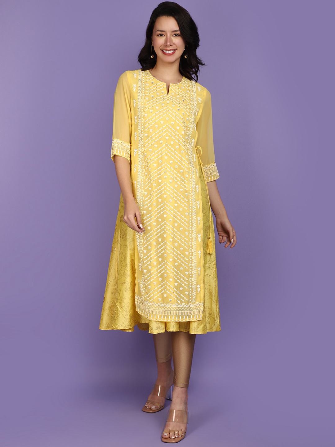 

V-Mart Ethnic Motifs Printed Notch Neck Thread Work Cotton Anarkali Kurta, Yellow