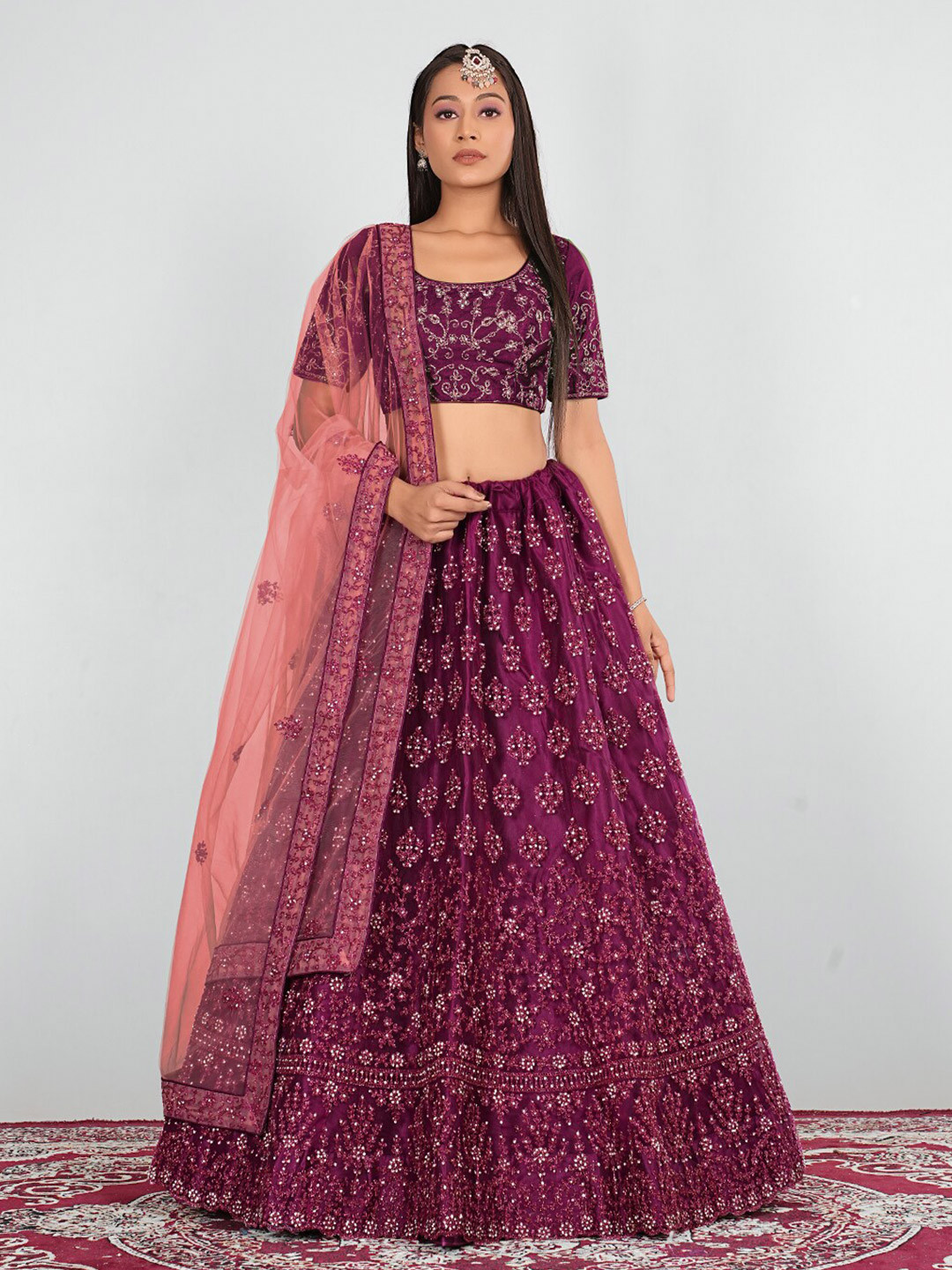 

HALFSAREE STUDIO Floral Embroidered Semi-Stitched Lehenga & Unstitched Blouse With Dupatta, Burgundy