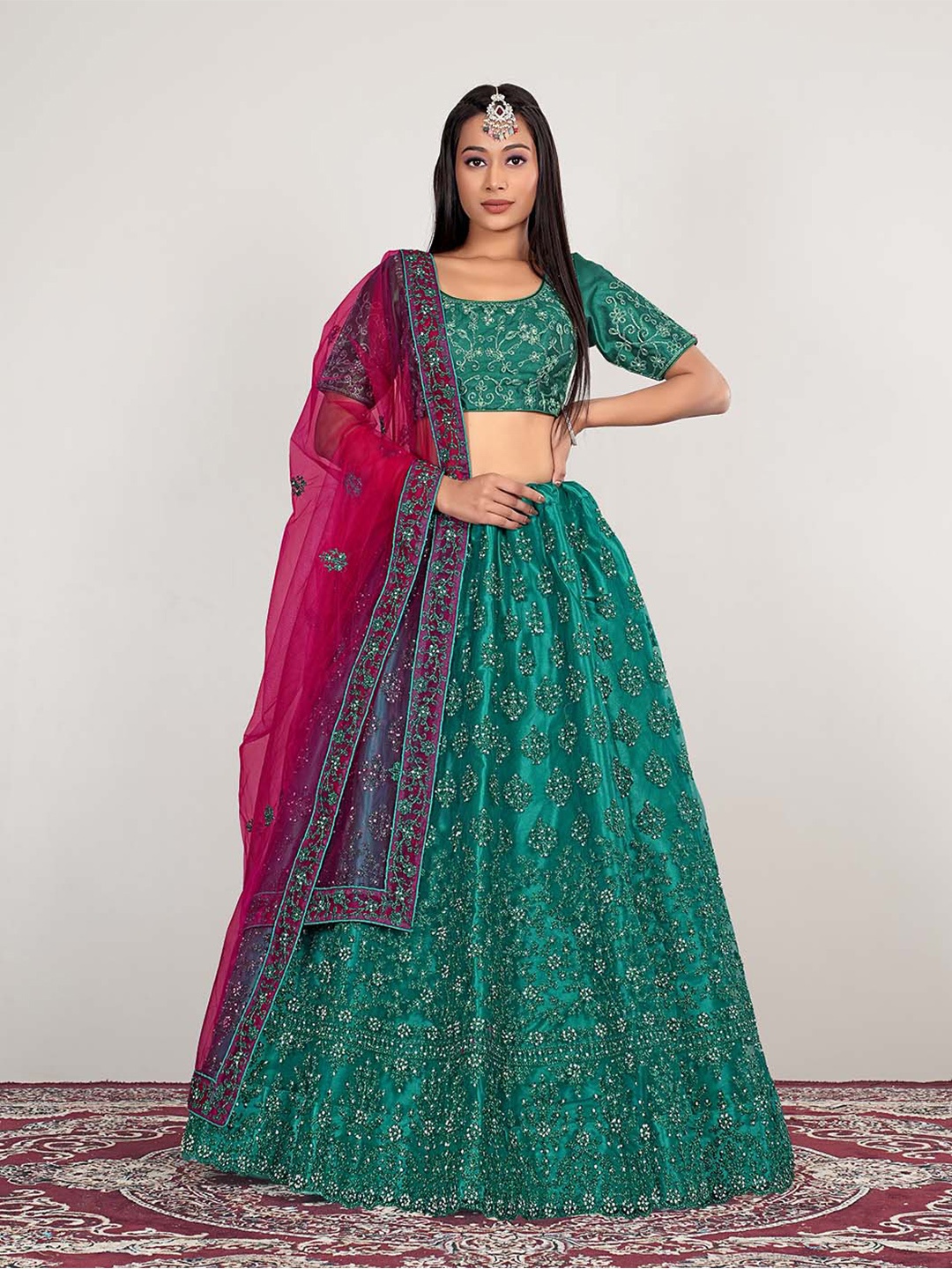 

HALFSAREE STUDIO Floral Embroidered Semi-Stitched Lehenga & Unstitched Blouse With Dupatta, Green