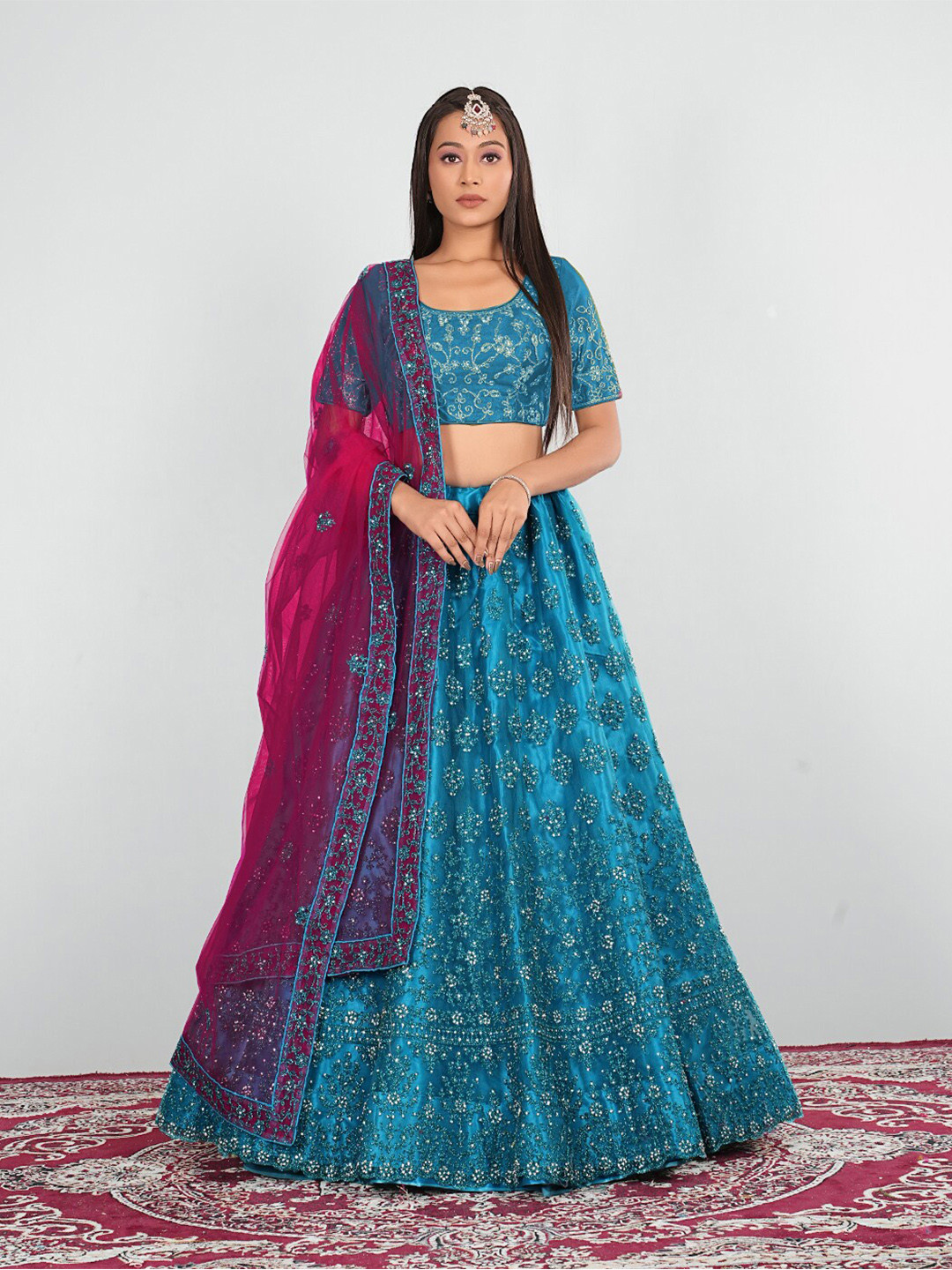 

HALFSAREE STUDIO Floral Embroidered Semi-Stitched Lehenga & Unstitched Blouse With Dupatta, Blue
