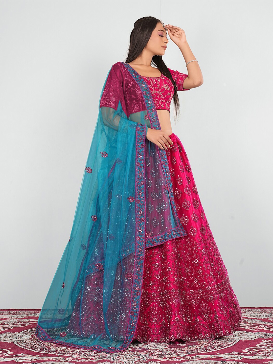 

HALFSAREE STUDIO Floral Embroidered Semi-Stitched Lehenga & Unstitched Blouse With Dupatta, Pink