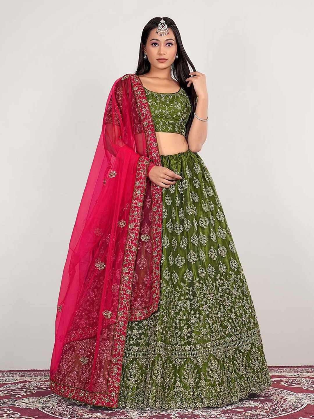 

HALFSAREE STUDIO Embroidered Semi-Stitched Lehenga & Unstitched Blouse With Dupatta, Olive