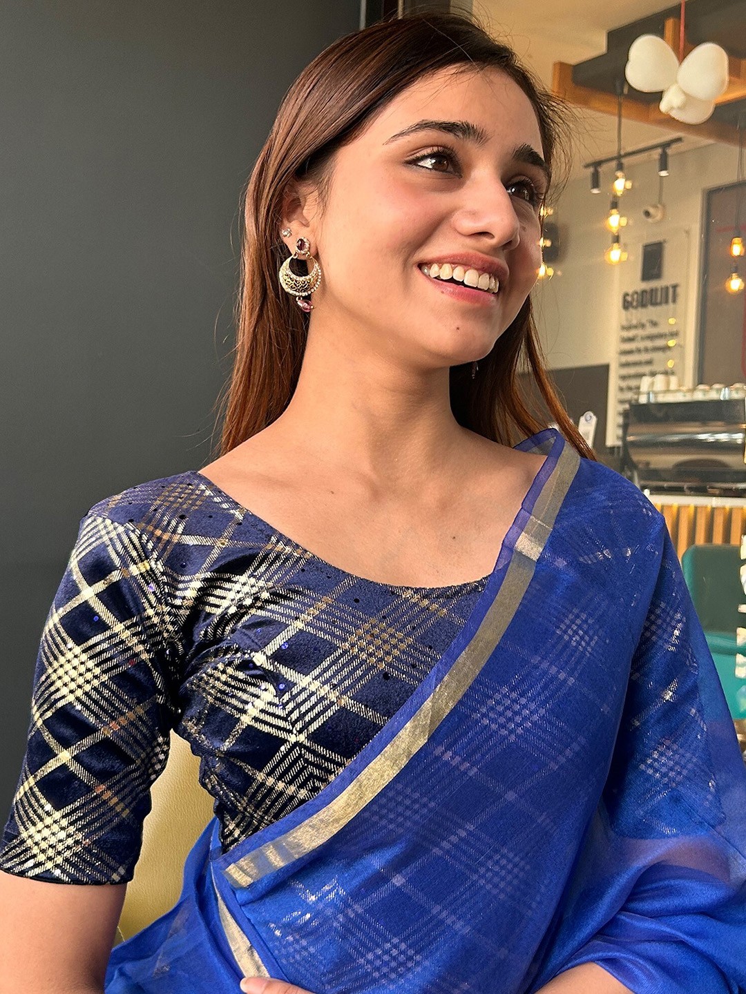 

Bindigasm's Advi Checked Sequinned Stretchable Velvet Saree Blouse, Navy blue