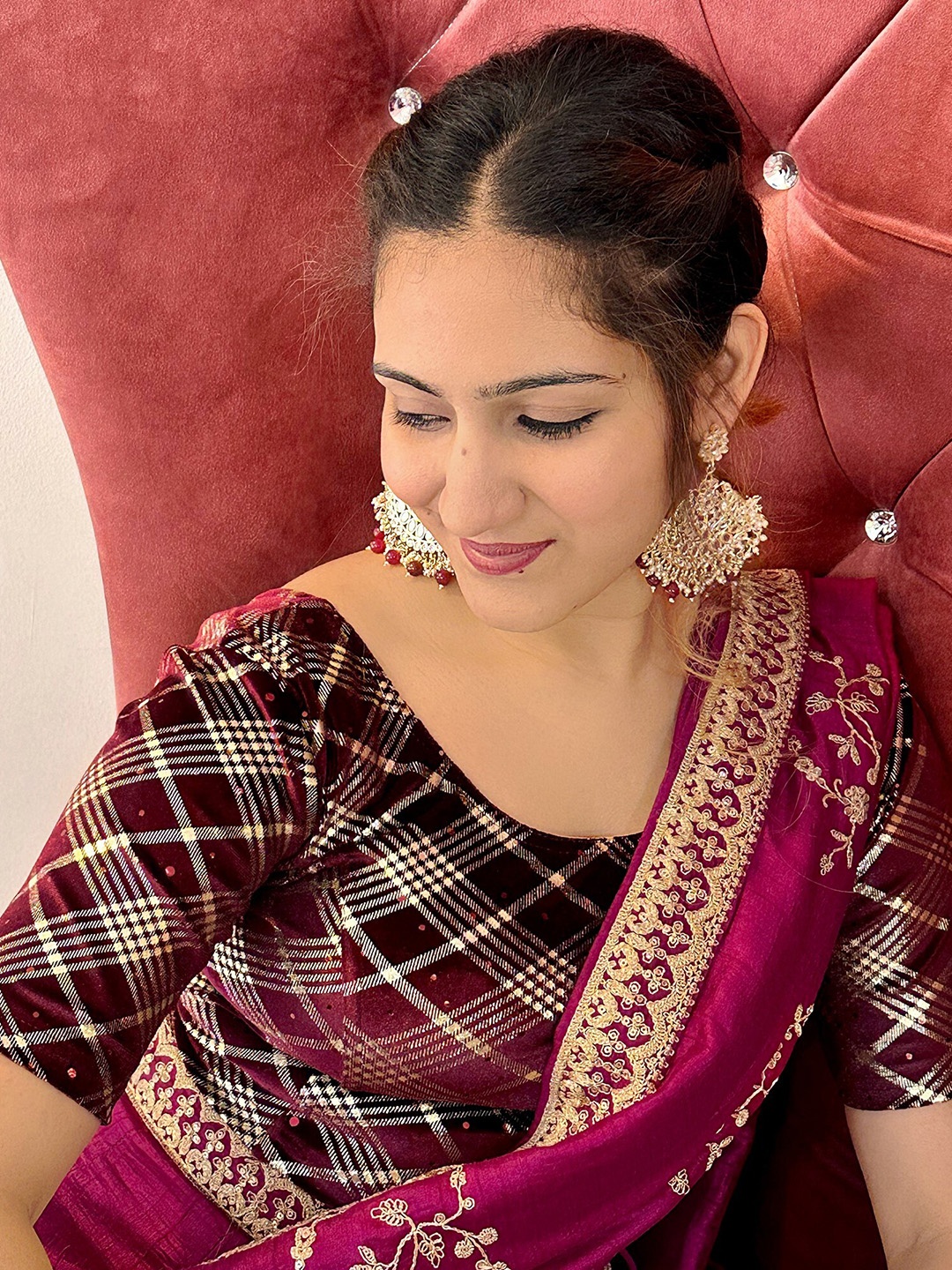 

Bindigasm's Advi Checked Sequinned Stretchable Velvet Saree Blouse, Burgundy