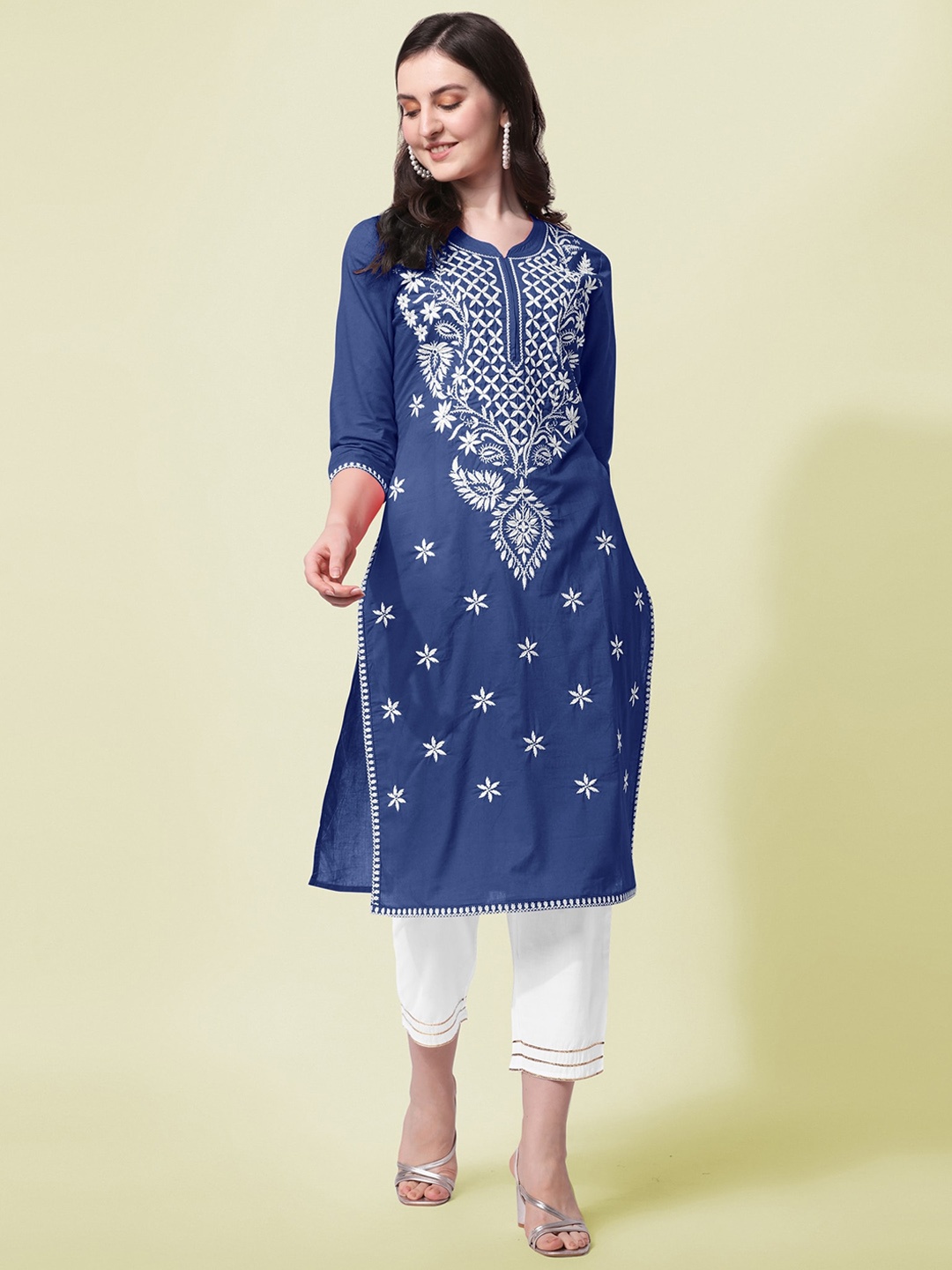 

KALINI Ethnic Motifs Embroidered Regular Chikankari Pure Cotton Kurta With Trousers, Blue