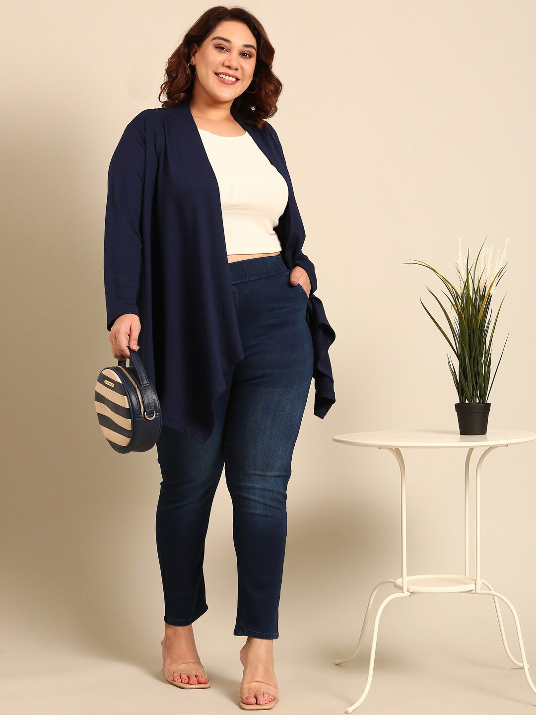 

The Pink Moon Plus Size Open Front Shrug, Navy blue