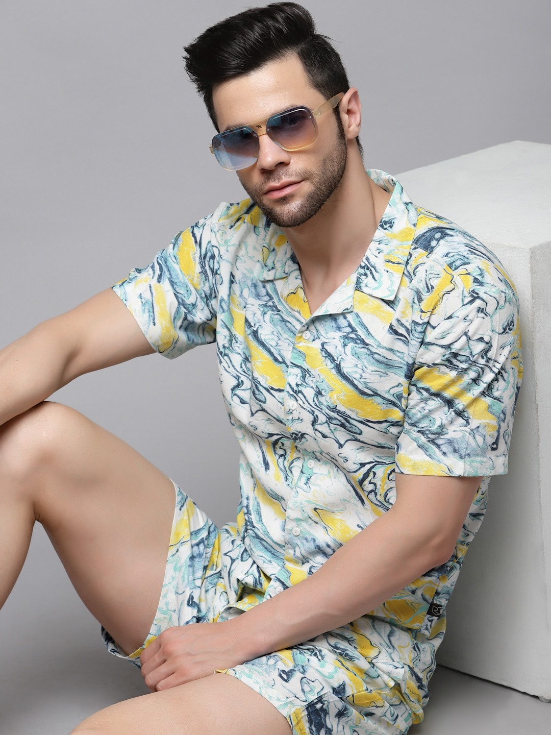 

Rigo Abstract Printed Cuban Collar Shirt & Shorts, Yellow