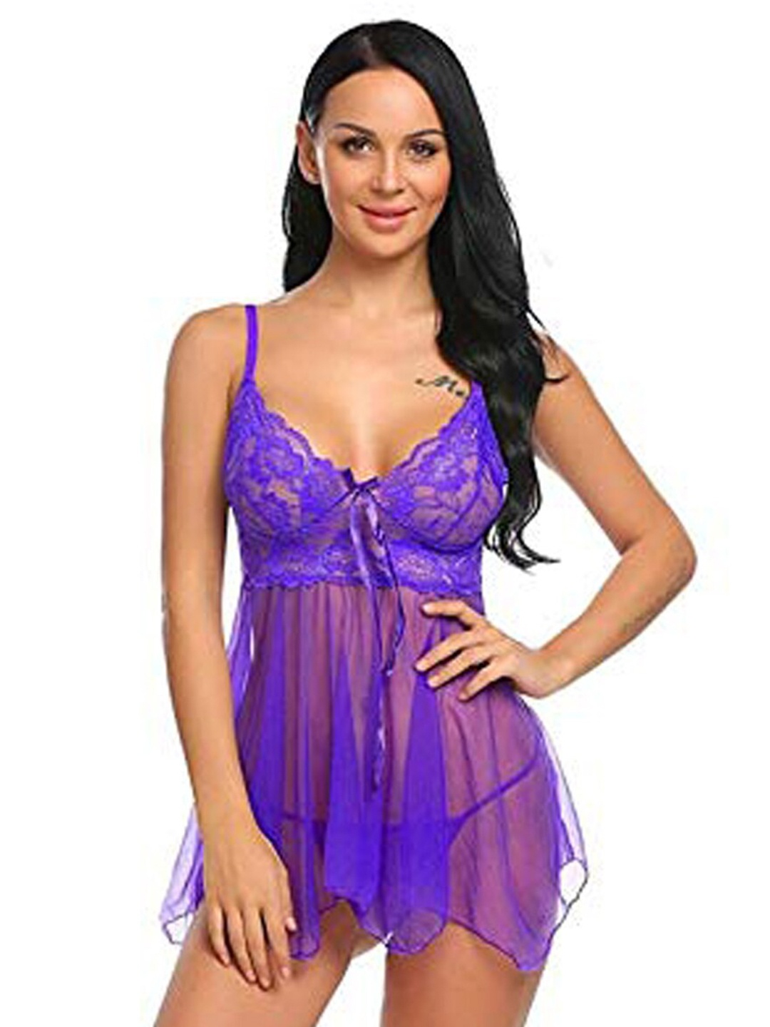 

Fihana Self Design Net Baby Doll Wih Briefs, Purple