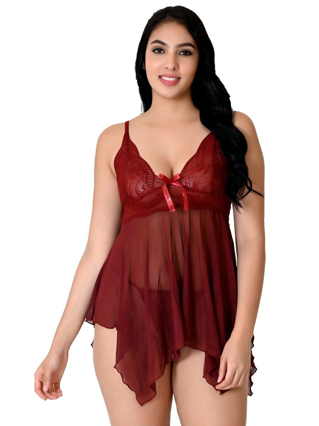 

Fihana Self Design Net Lace Baby Doll With Briefs, Maroon