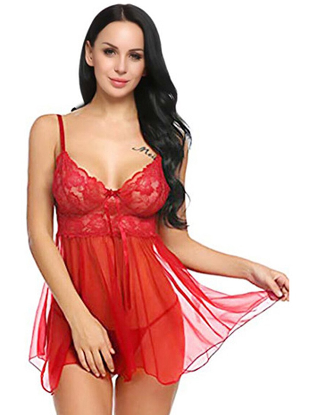 

Fihana Self Design Net Lace Baby Doll With Briefs, Red