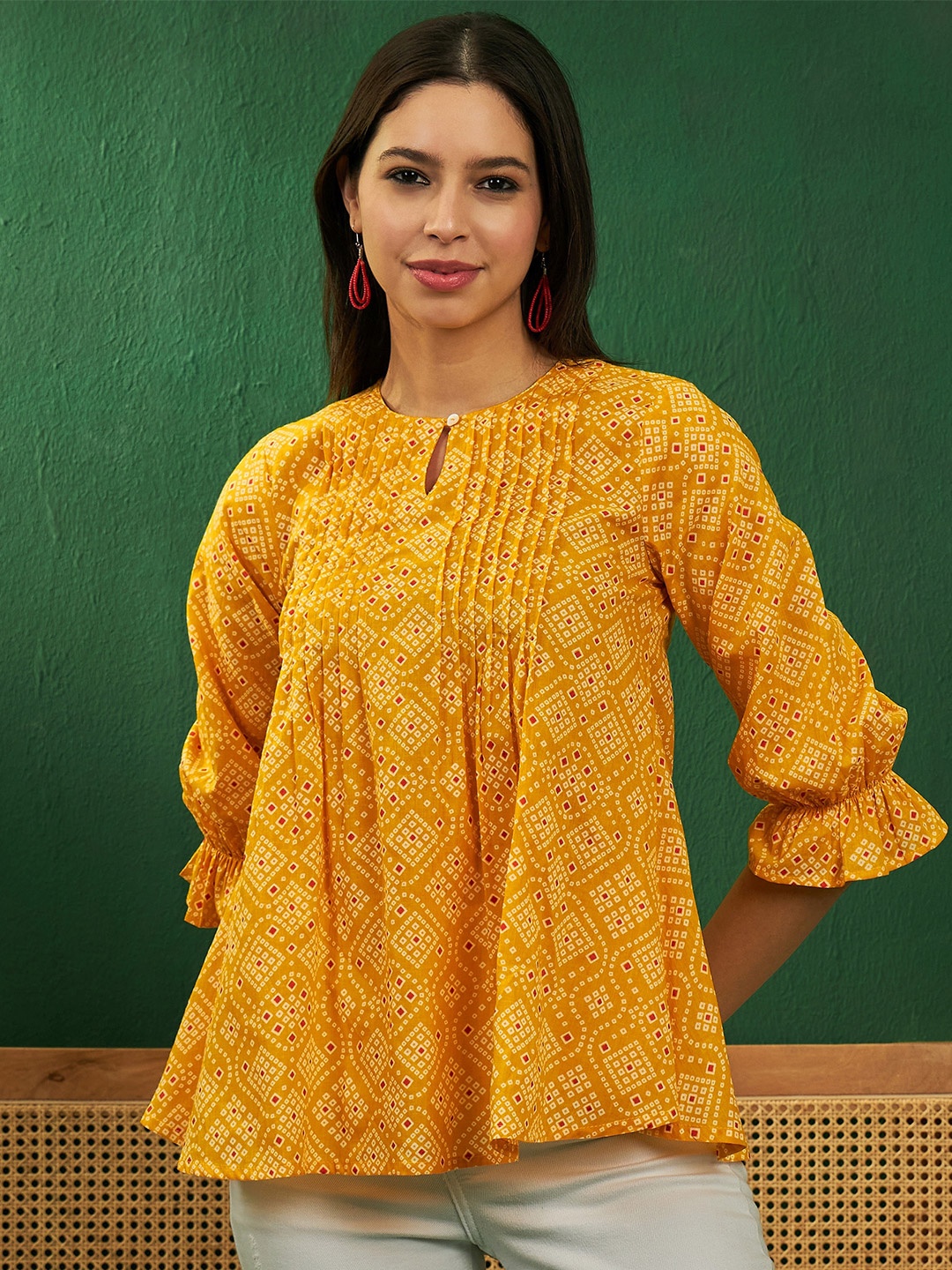 

Sangria Bandhej Printed Keyhole Neck Bell Sleeves Cotton A-Line Tops, Yellow