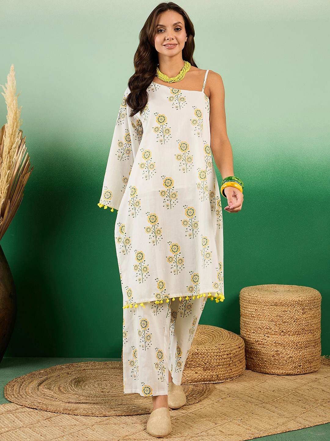 

Sangria Floral Printed Pure Cotton One Shoulder Kurta With Trousers, Cream