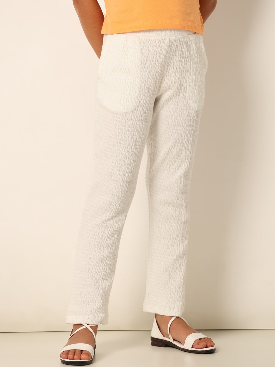 

Vero Moda Girls Flared Fit Self Design Mid-Rise Bootcut Trousers, White