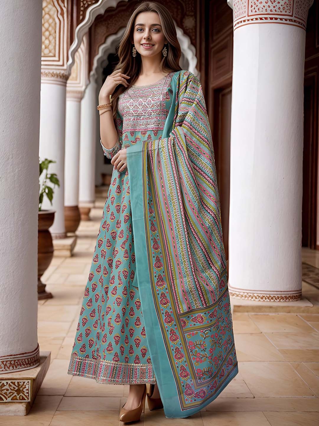 

Ziva Fashion Ethnic Motifs Printed Sequinned Detailed Maxi Ethnic Dress With Dupatta, Green