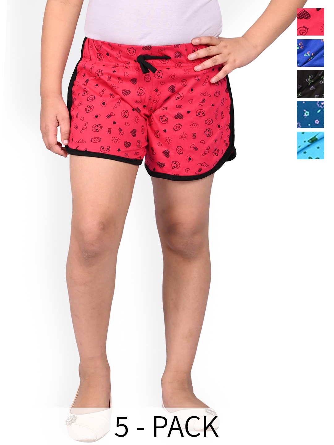 

BAESD Girls Pack Of 5 Conversational Printed High-Rise Cotton Hot Pants, Red