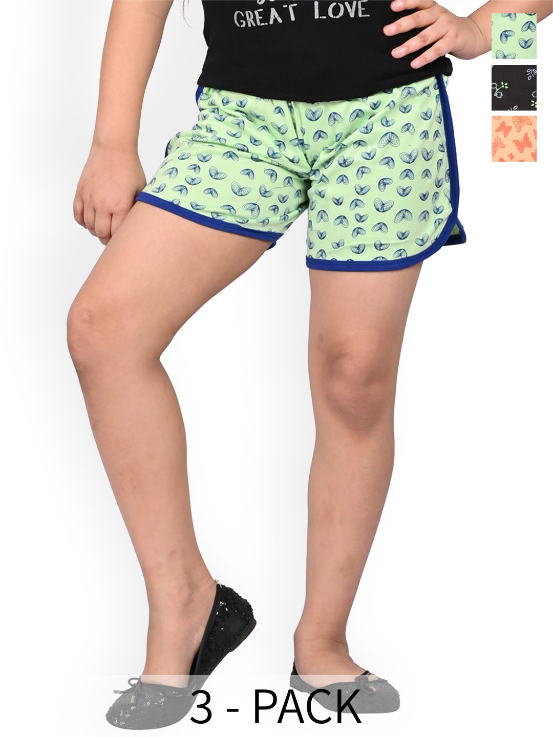 

BAESD Girls Pack Of 3 High-Rise Geometric Printed Cotton Shorts, Green