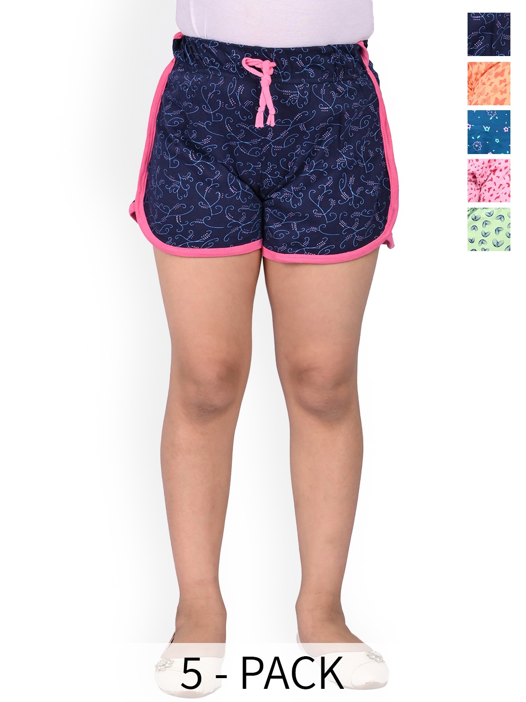 

BAESD Girls Pack Of 5 Conversational Printed High-Rise Cotton Hot Pants Shorts, Navy blue