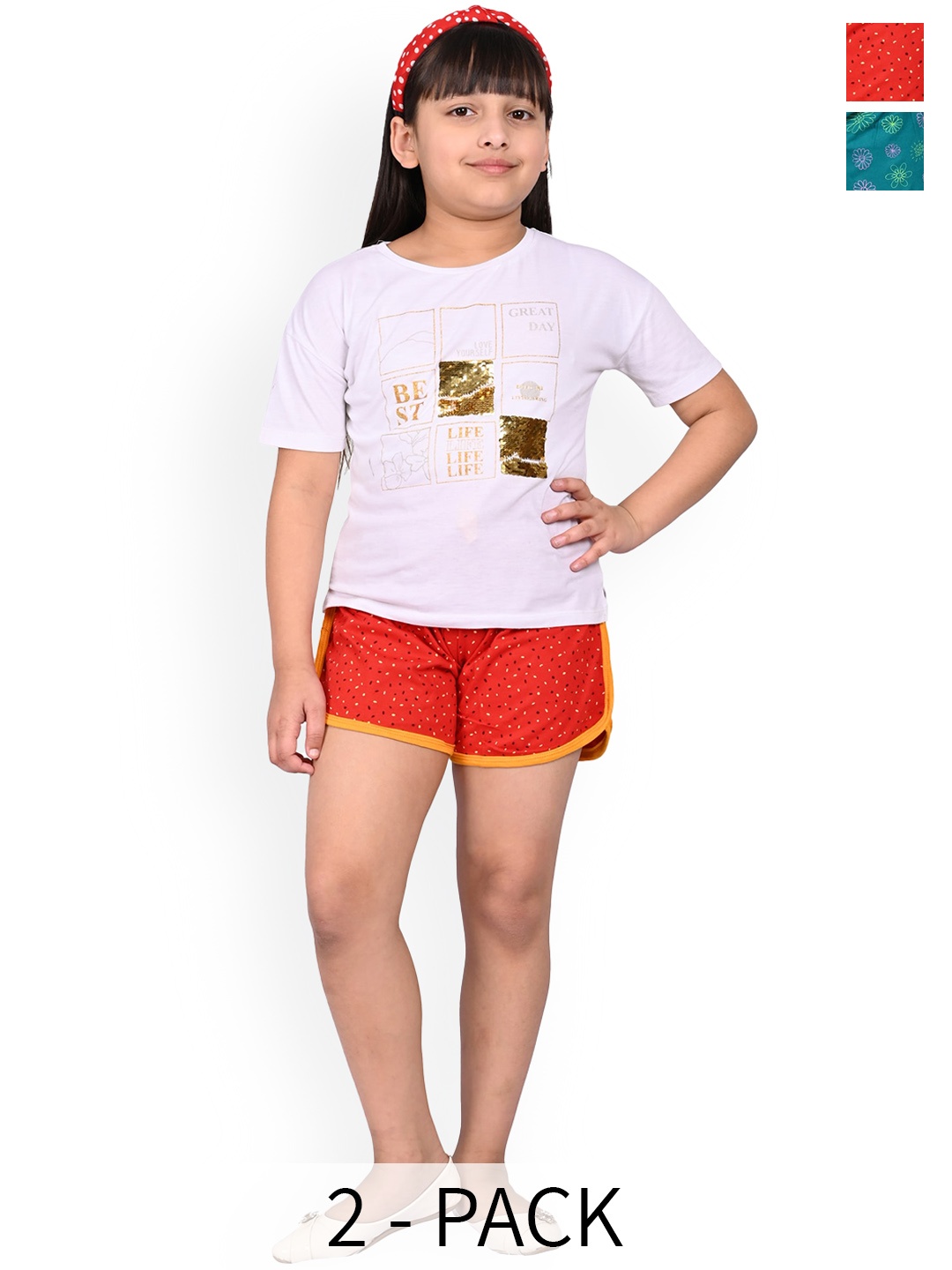 

BAESD Girls Pack Of 2 Printed Cotton Hotpants, Red
