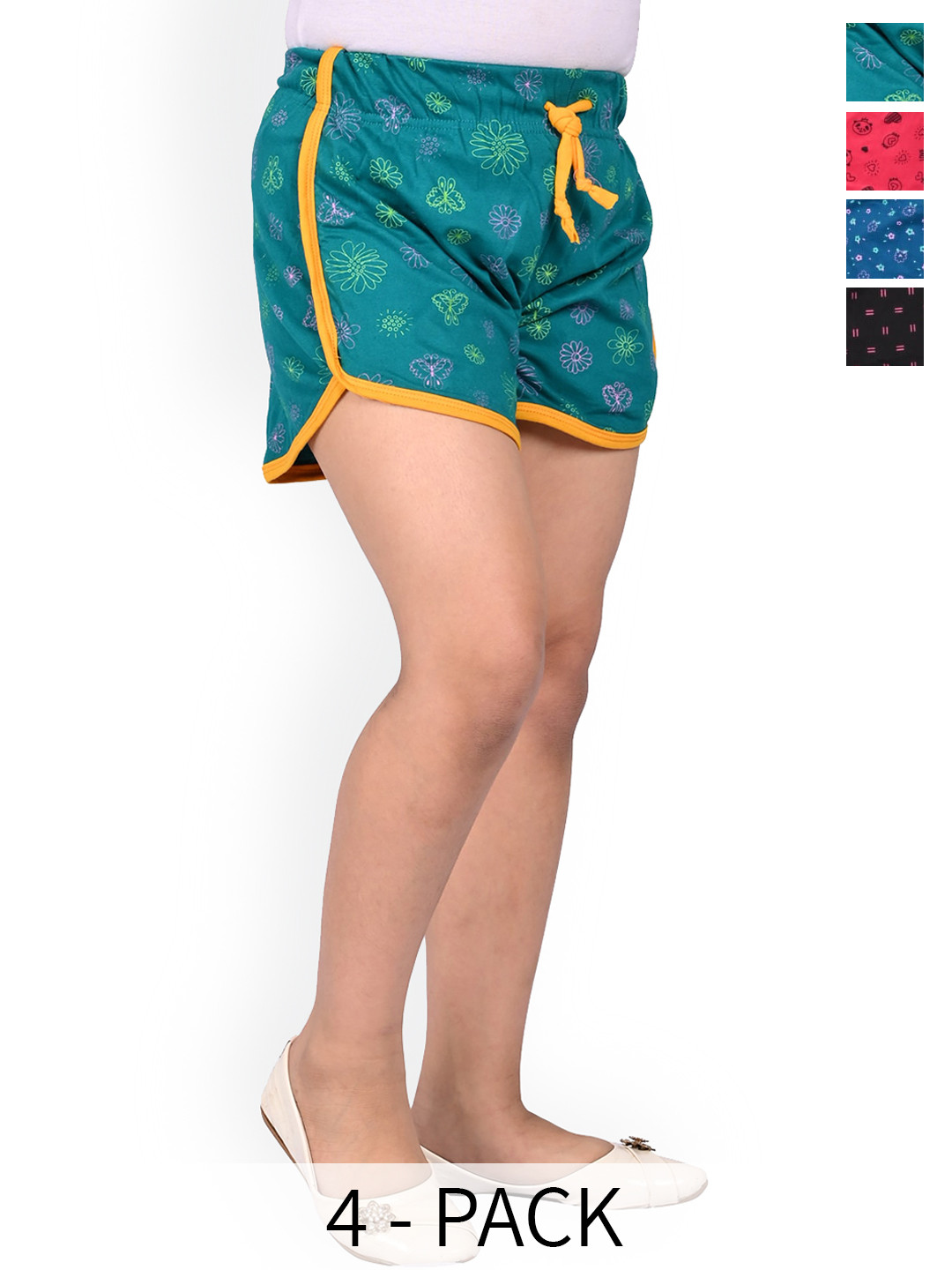 

BAESD Girls Pack Of 4 Floral Printed High-Rise Cotton Hot Pants, Teal