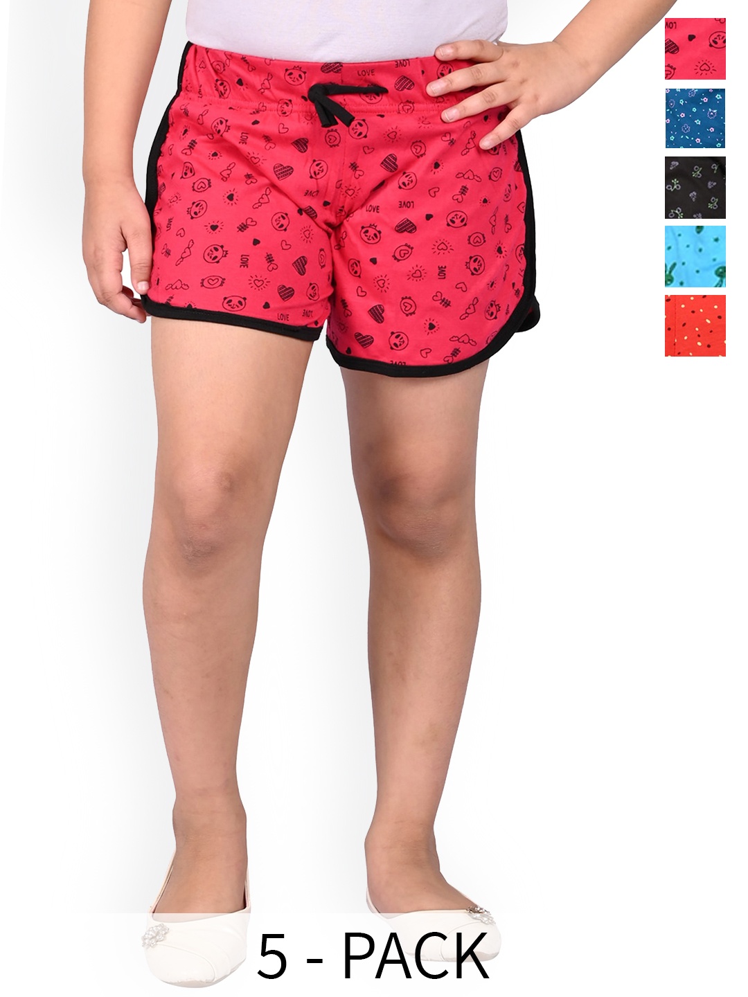 

BAESD Girls Pack Of 5 Printed Cotton High-Rise Hot Pants, Red