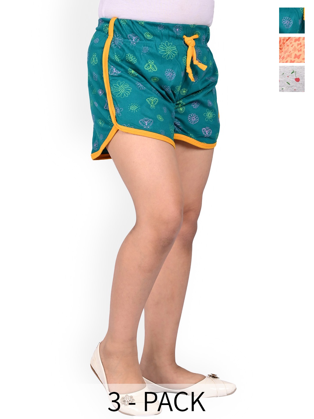 

BAESD Girls Pack Of 3 Conversational Printed High-Rise Cotton Shorts, Green