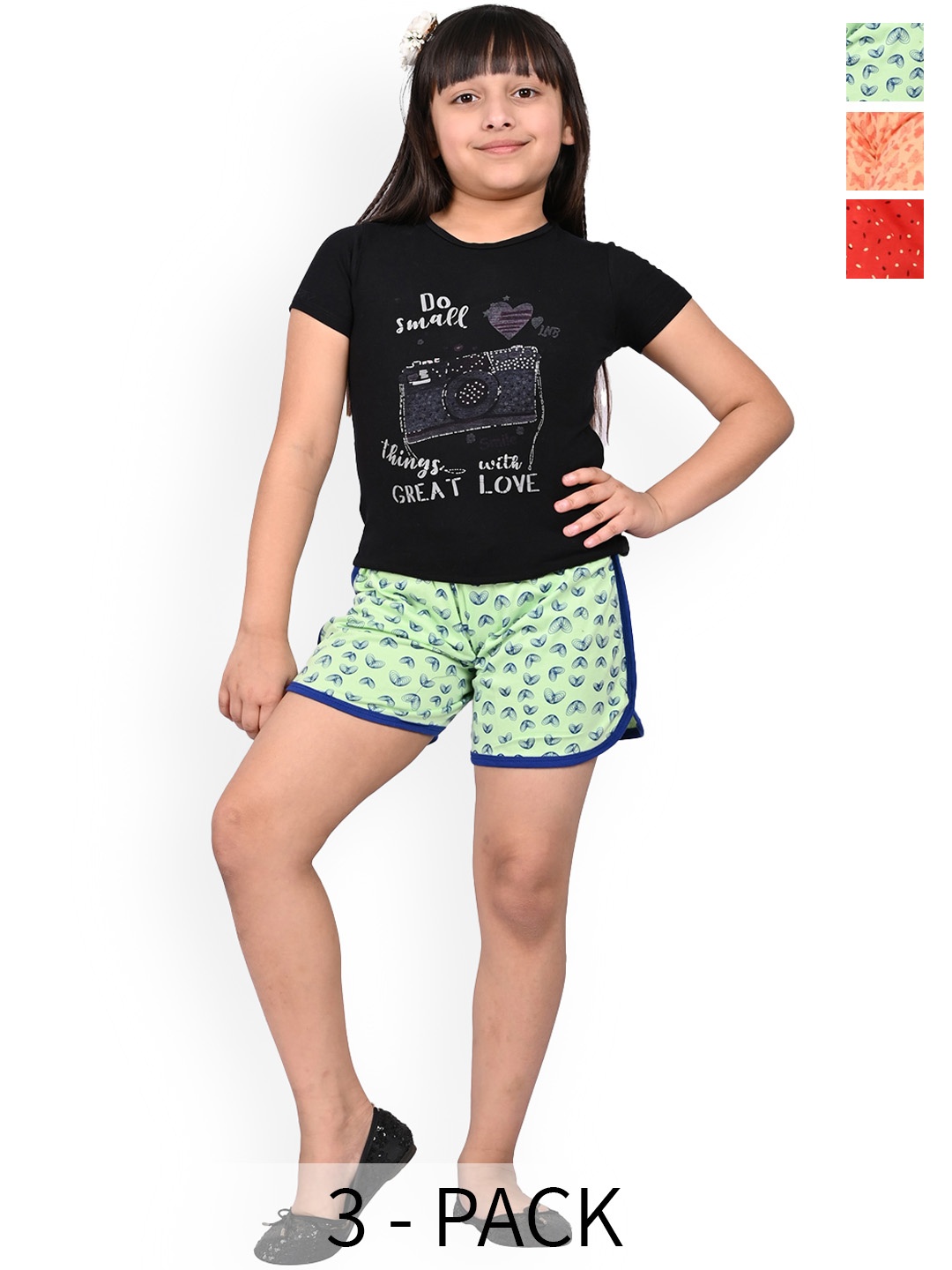 

BAESD Girls Pack Of 3 High-Rise Geometric Printed Cotton Shorts, Green