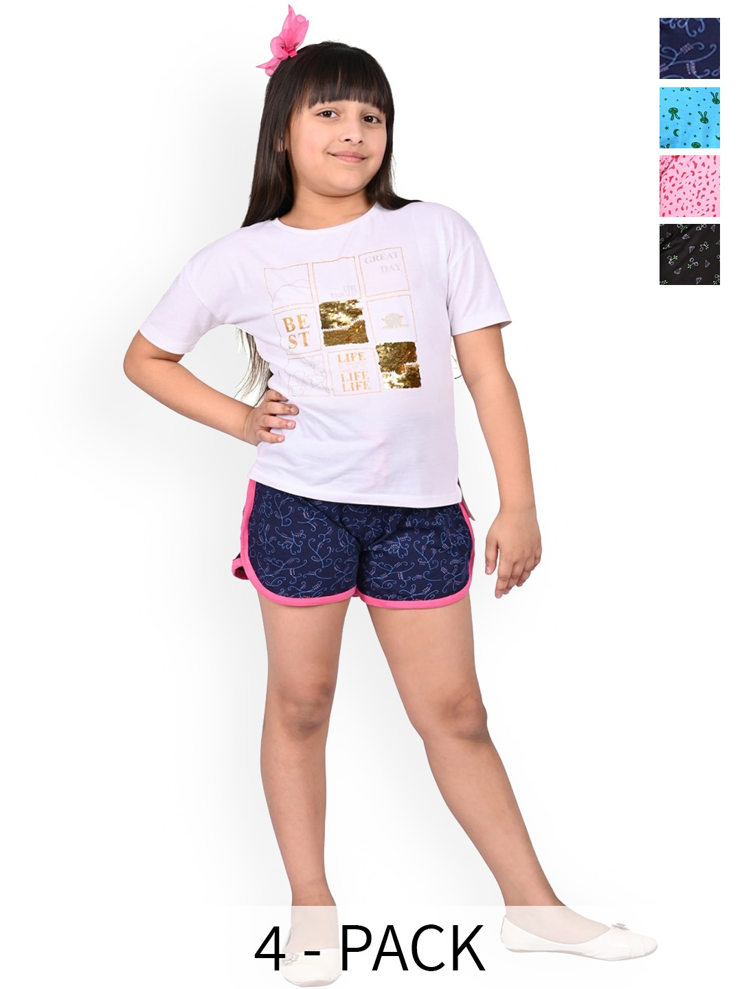 

BAESD Girls Pack Of 4 High-Rise Floral Printed Cotton Shorts, Navy blue