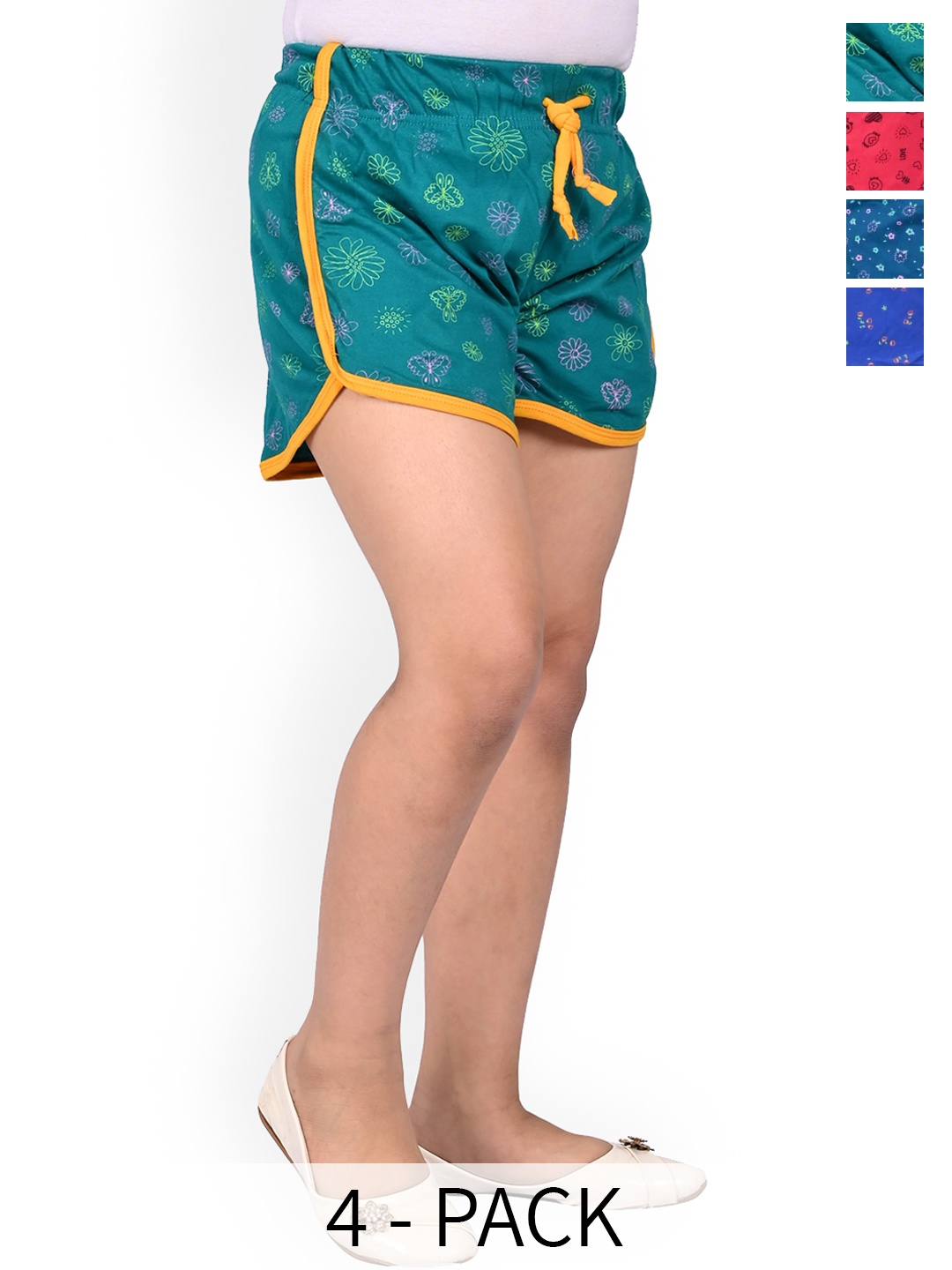 

BAESD Girls Pack Of 4 High-Rise Floral Printed Cotton Shorts, Teal