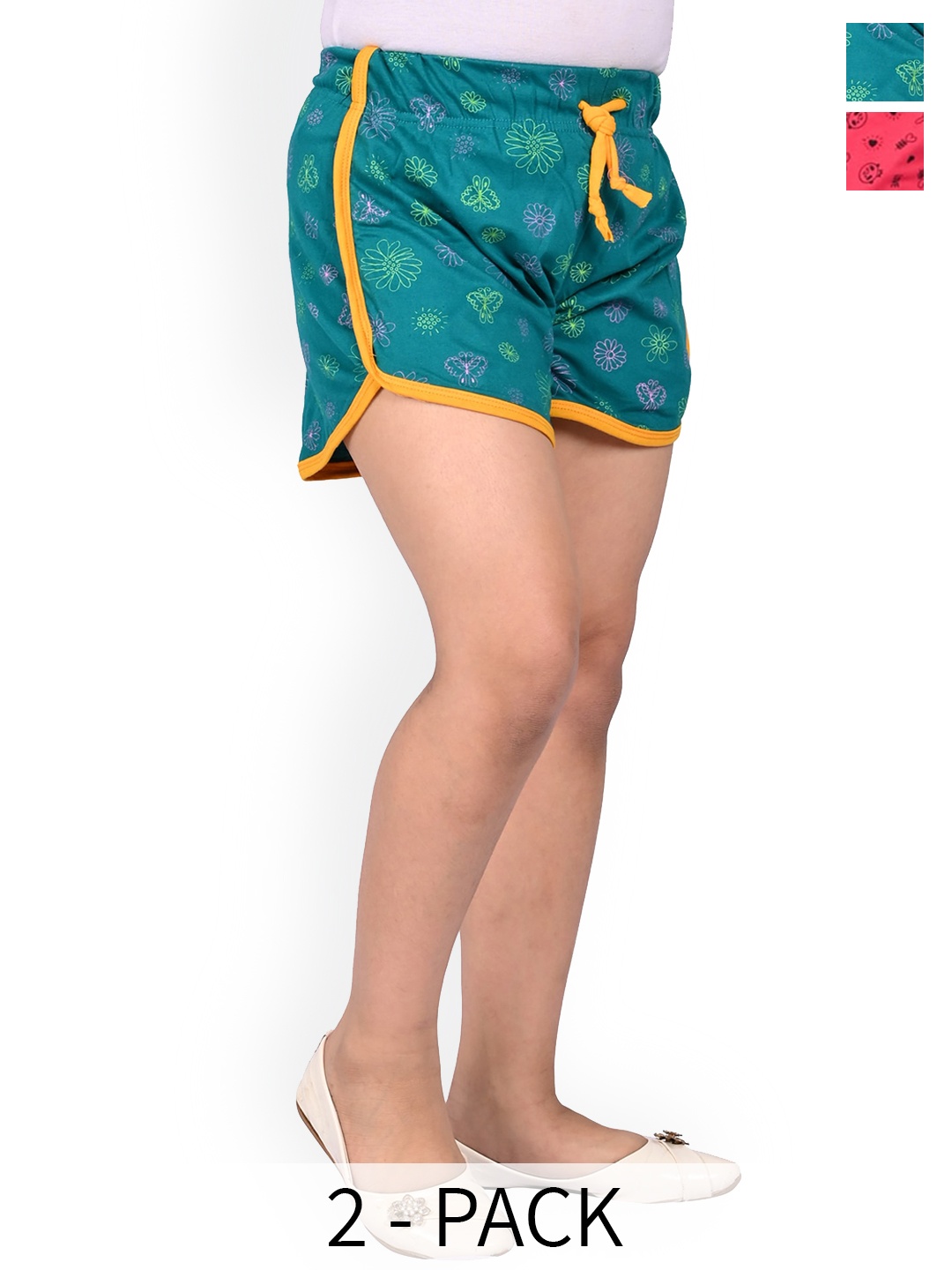 

BAESD Girls Pack of 2 Floral Printed High Rise Cotton Shorts, Green