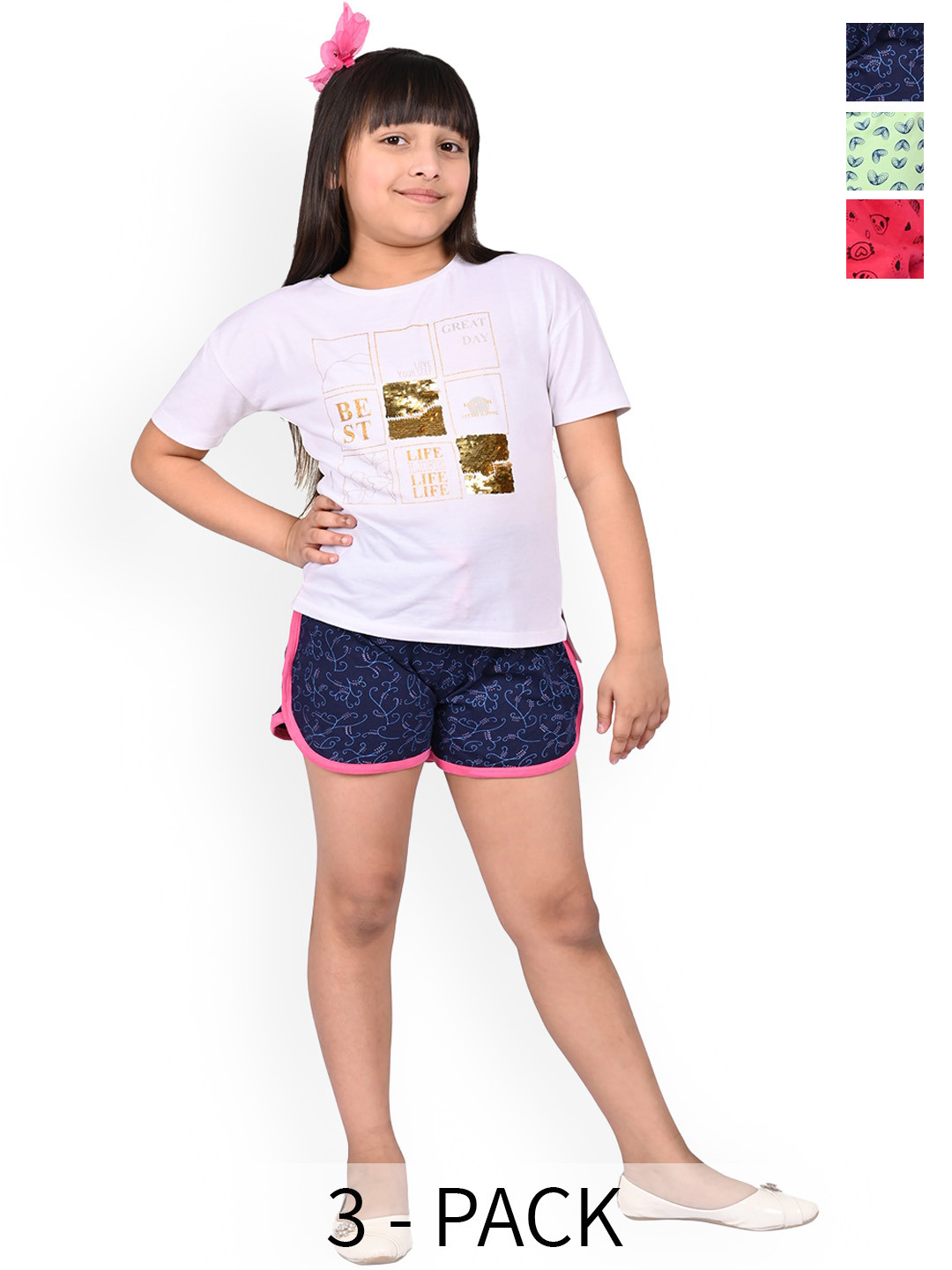 

BAESD Girls Pack Of 3 Printed Cotton Hotpants, Navy blue