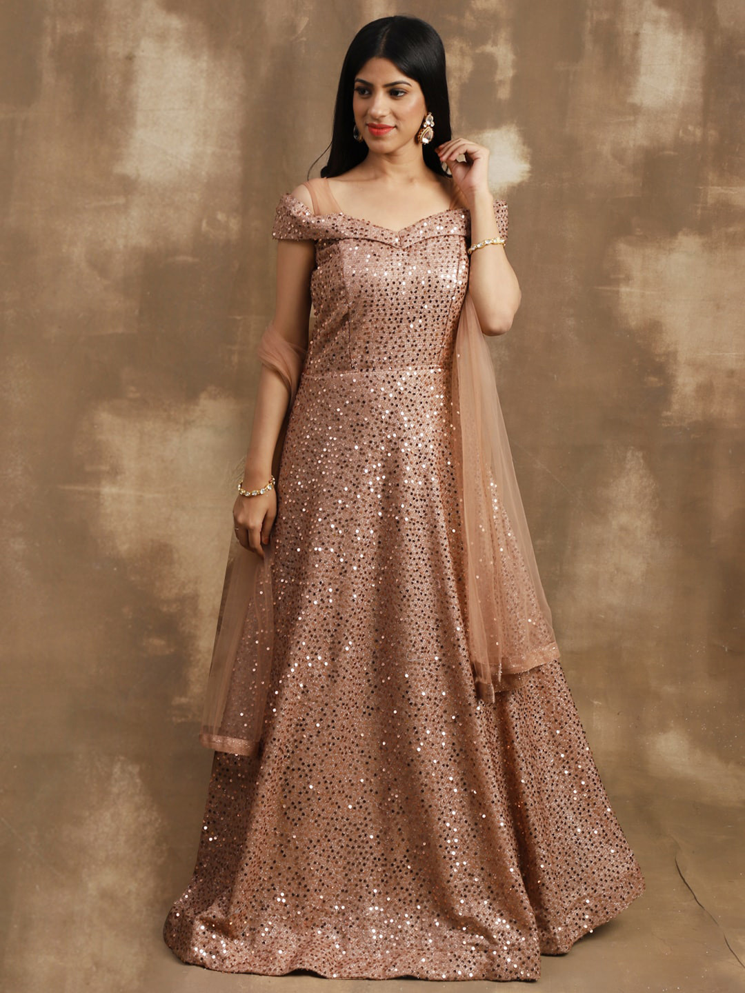 

Chhabra 555 Embellished Cold Shoulder Sleeves Gown Maxi Ethnic Dresses with Dupatta, Pink