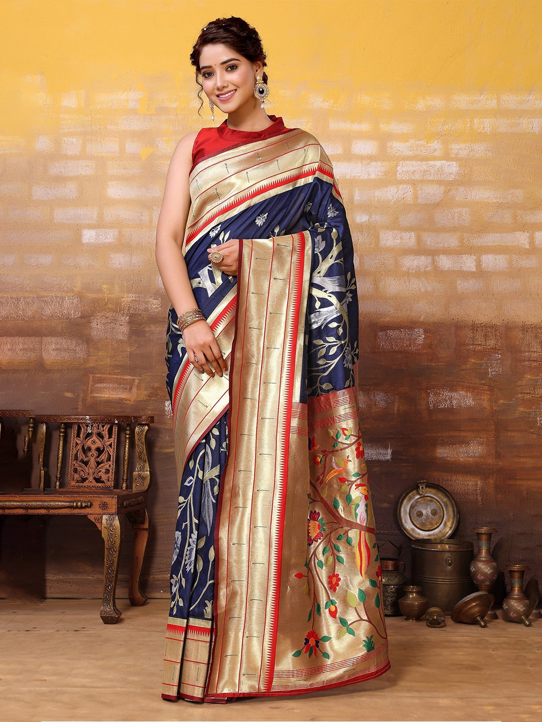 

DIVASTRI Ethnic Motifs Woven Design Zari Paithani Saree, Navy blue