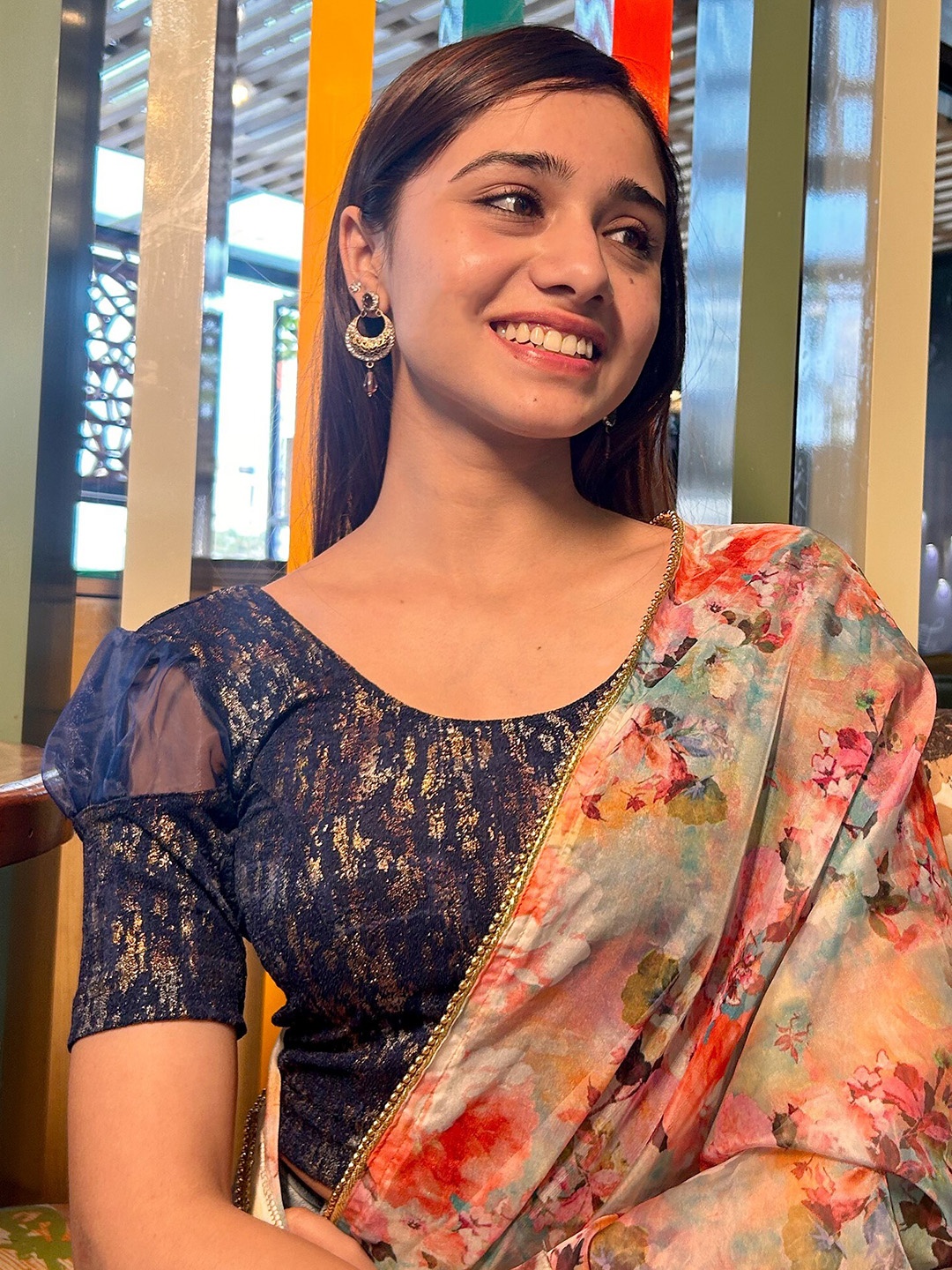 

Bindigasm's Advi Self Designed Puff Sleeves Stretchable Jacquard Saree Blouse, Navy blue