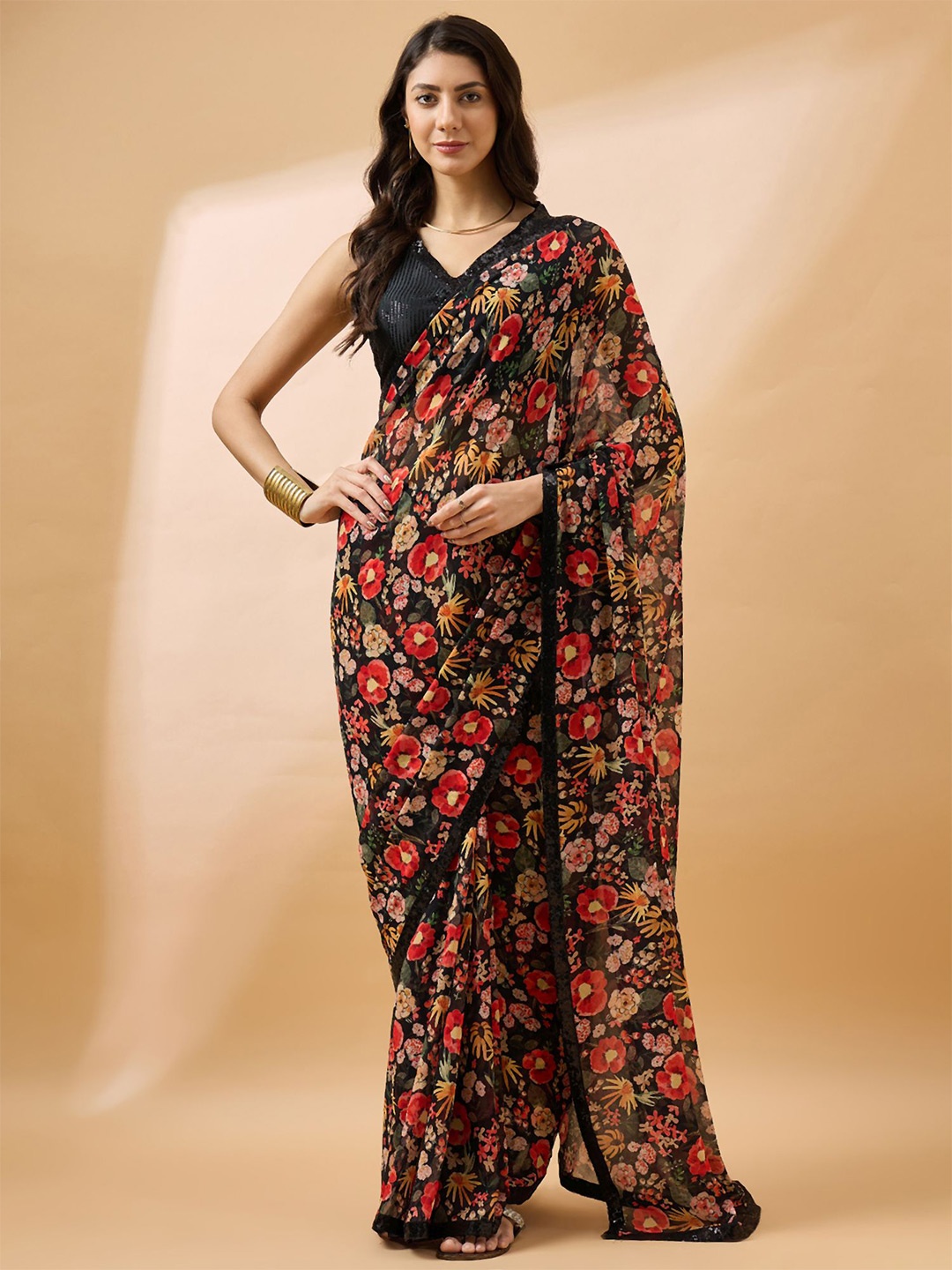 

all about you Black Floral Printed Sequinned Pure Georgette Saree