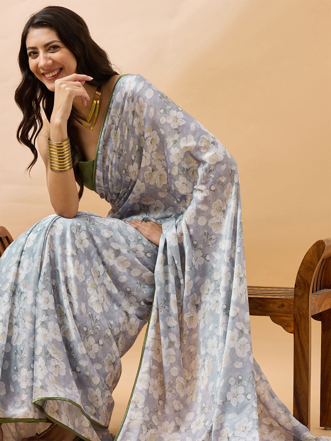 

all about you Grey Floral Printed Satin Saree