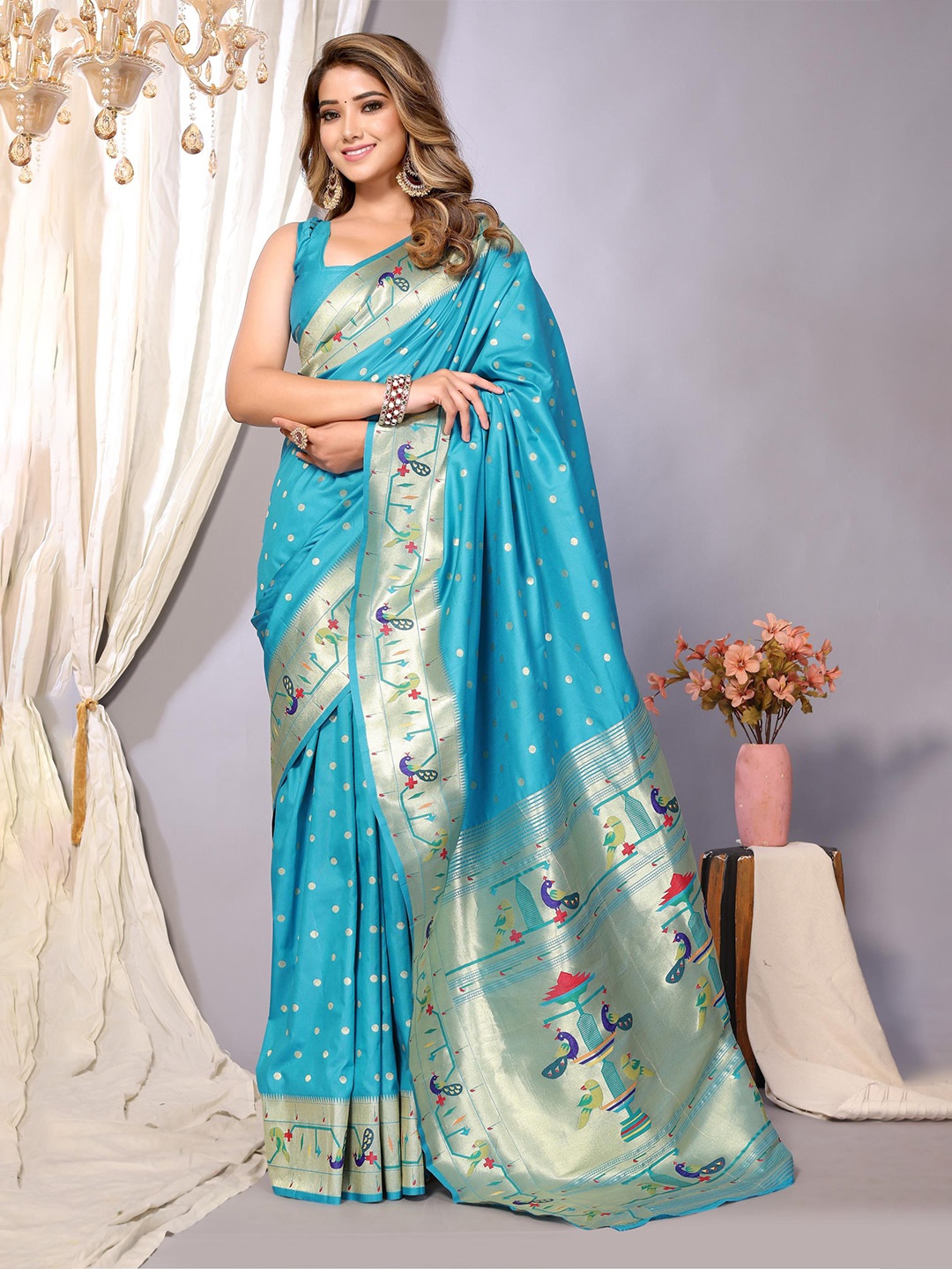 

DIVASTRI Ethnic Motifs Woven Design Zari Paithani Saree, Blue