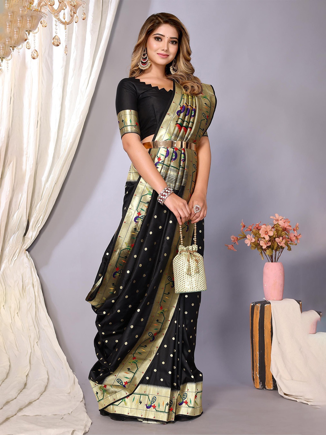 

DIVASTRI Ethnic Motifs Woven Design Zari Paithani Saree, Black