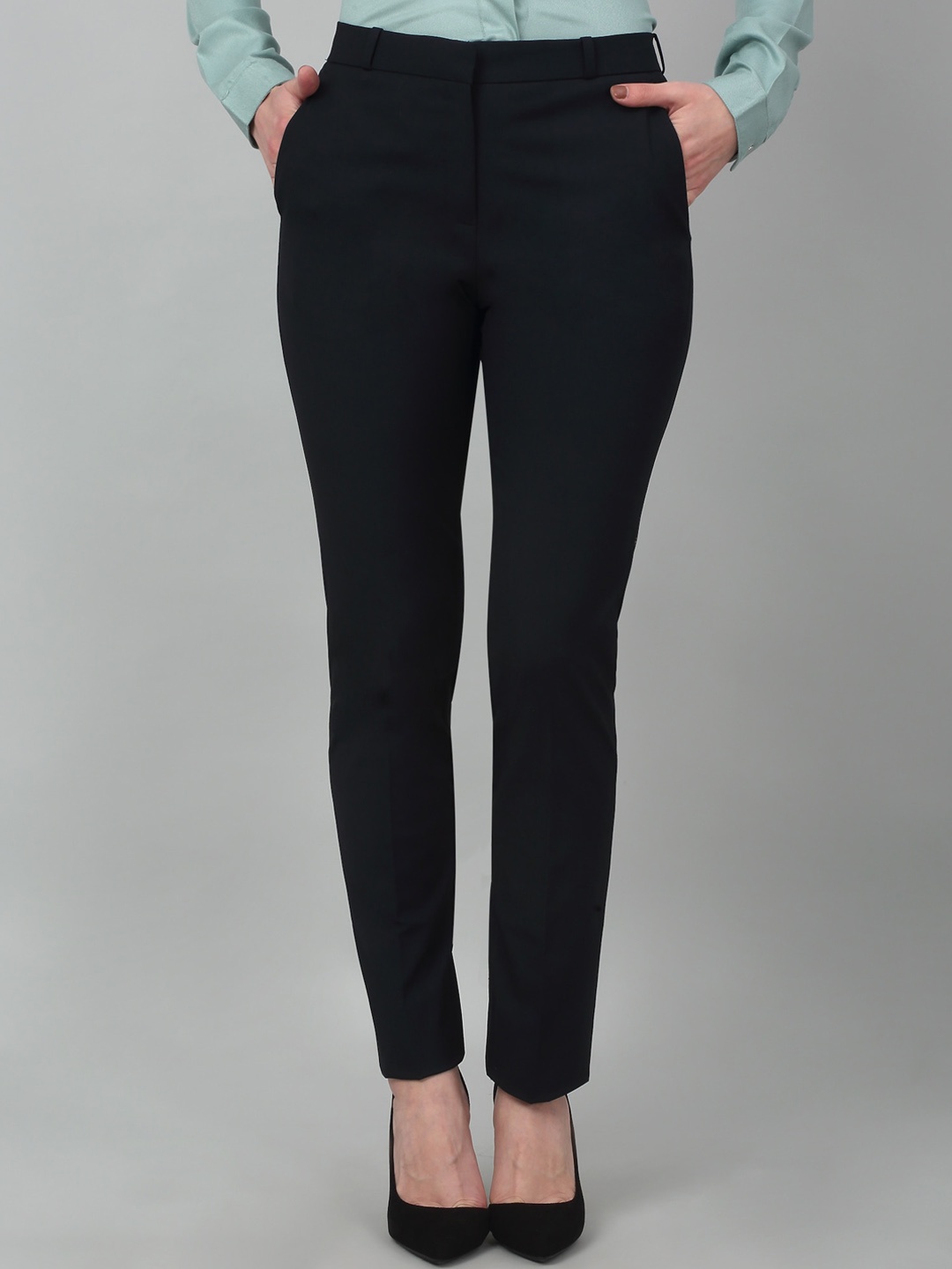 

Cantabil Women Regular Fit High-Rise Plain Formal Trousers, Navy blue