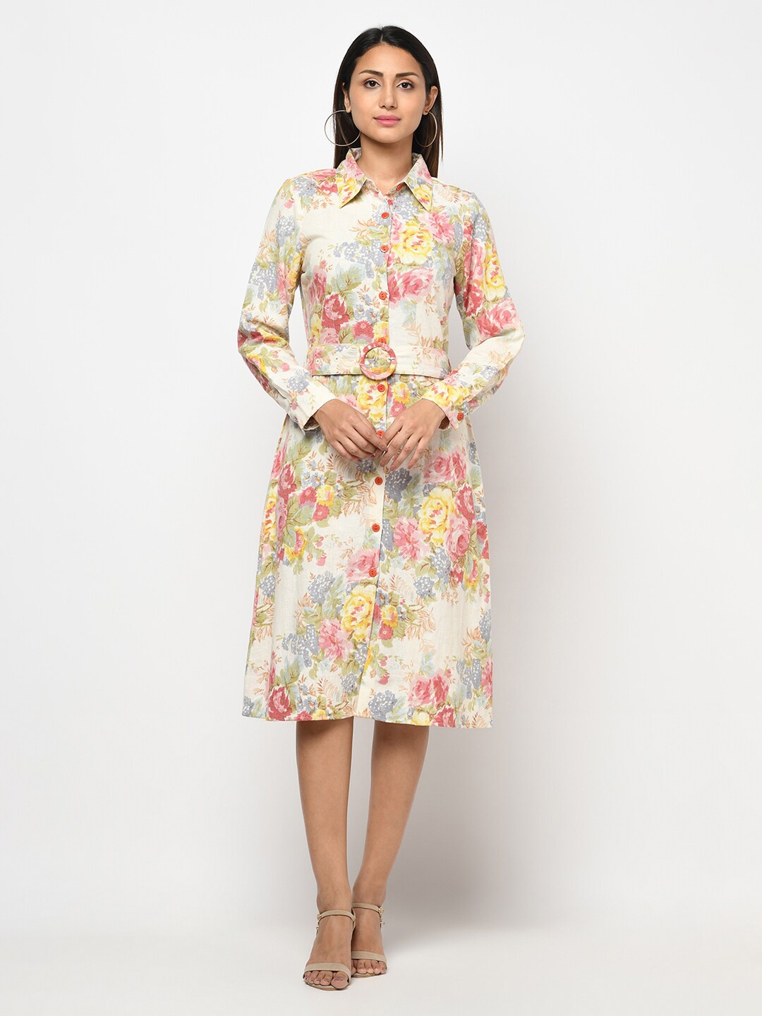 

Purple State Floral Print Shirt Collar Cotton A-Line Midi Dress, White