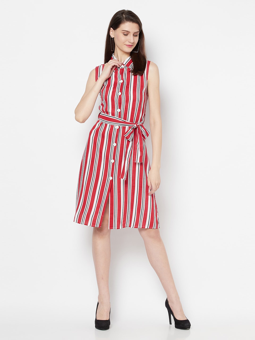 

Purple State Striped Shirt Collar Cotton A-Line Dress, Red