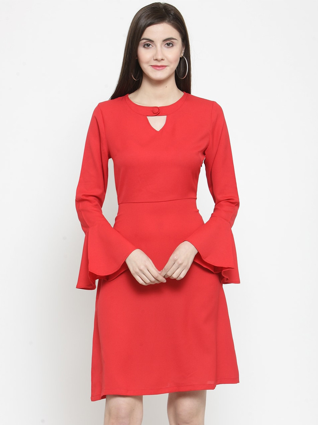 

Purple State Keyhole Neck Bell Sleeve Georgette Fit & Flare Dress, Red