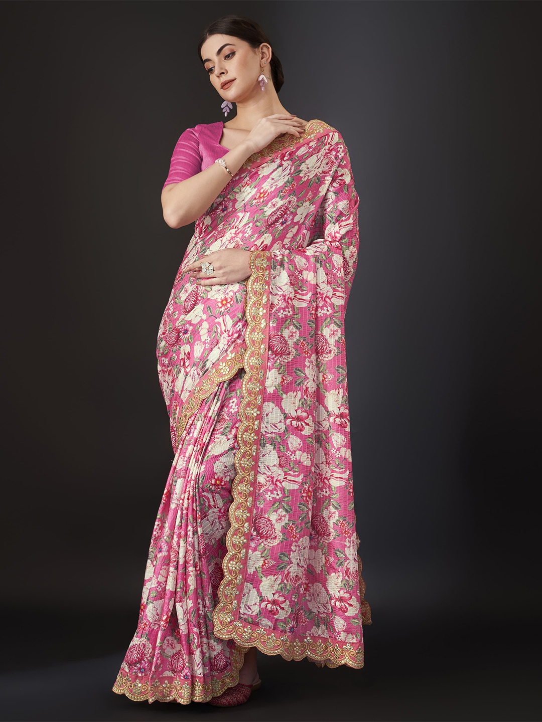 

JATRIQQ Floral Gotta Patti Saree, Pink