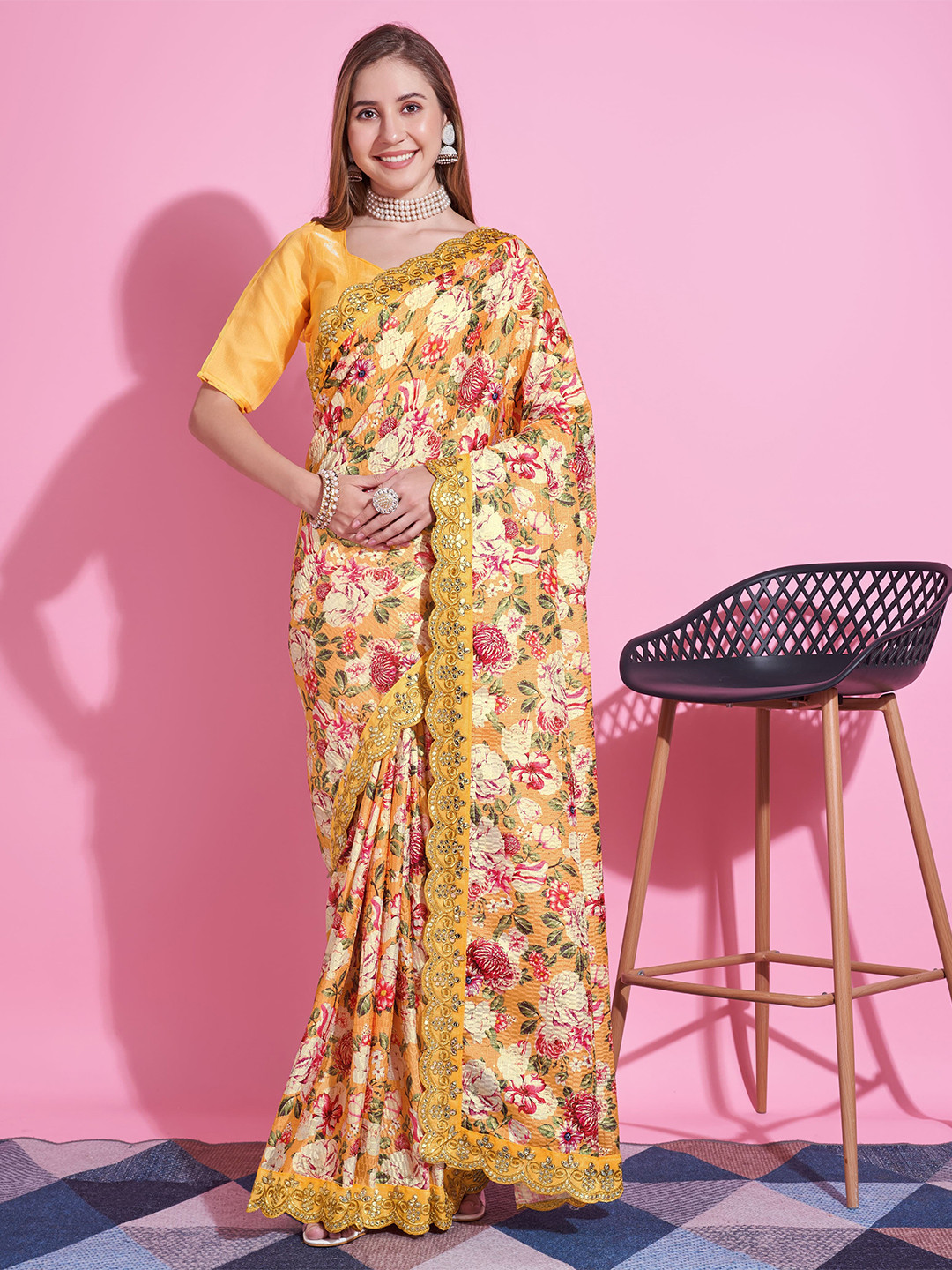 

JATRIQQ Floral Gotta Patti Saree, Yellow