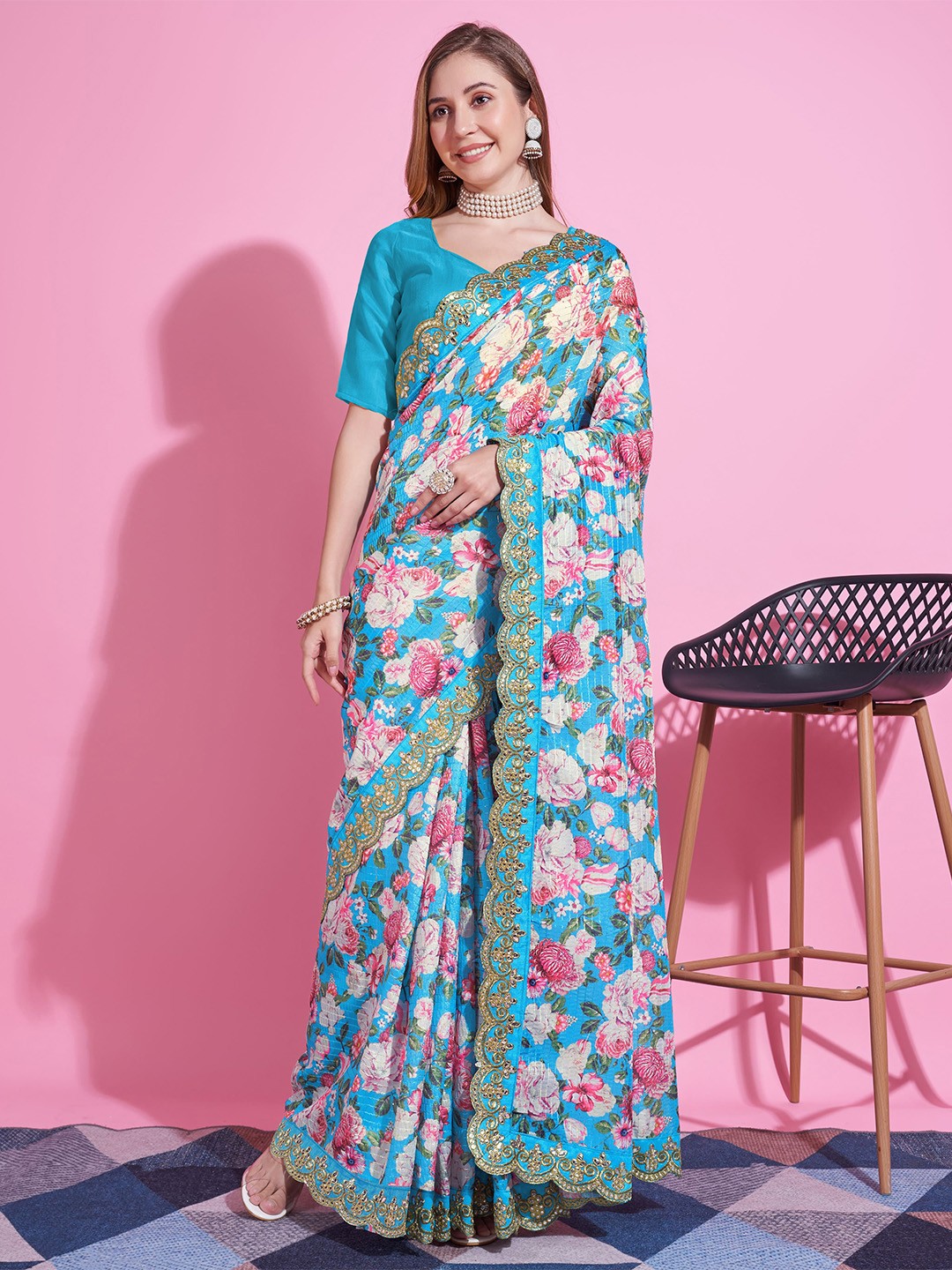 

JATRIQQ Floral Printed Zari Saree, Blue