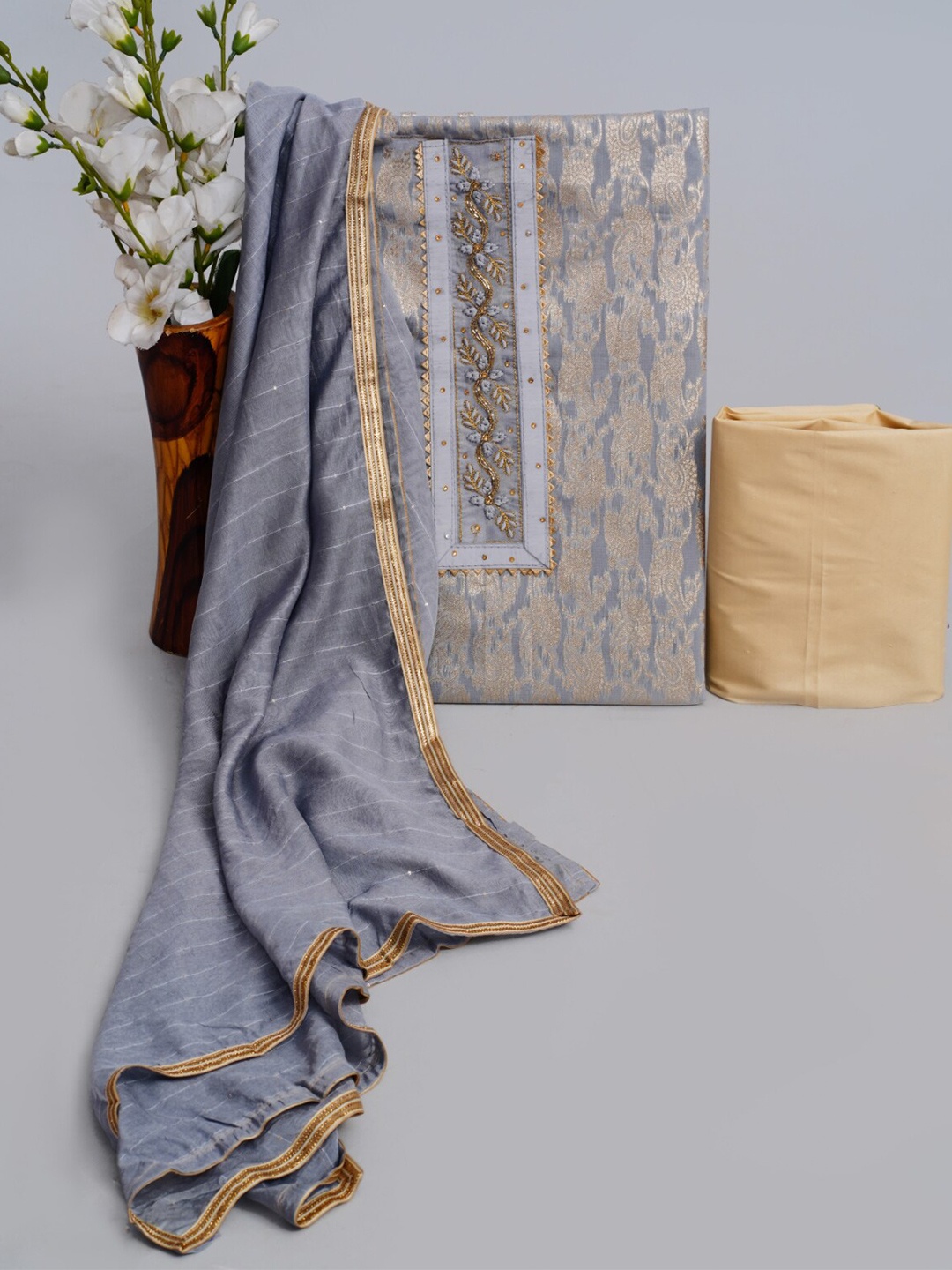 

KALINI Floral Woven Design Thread Work Detailed Chanderi Silk Unstitched Dress Material, Grey