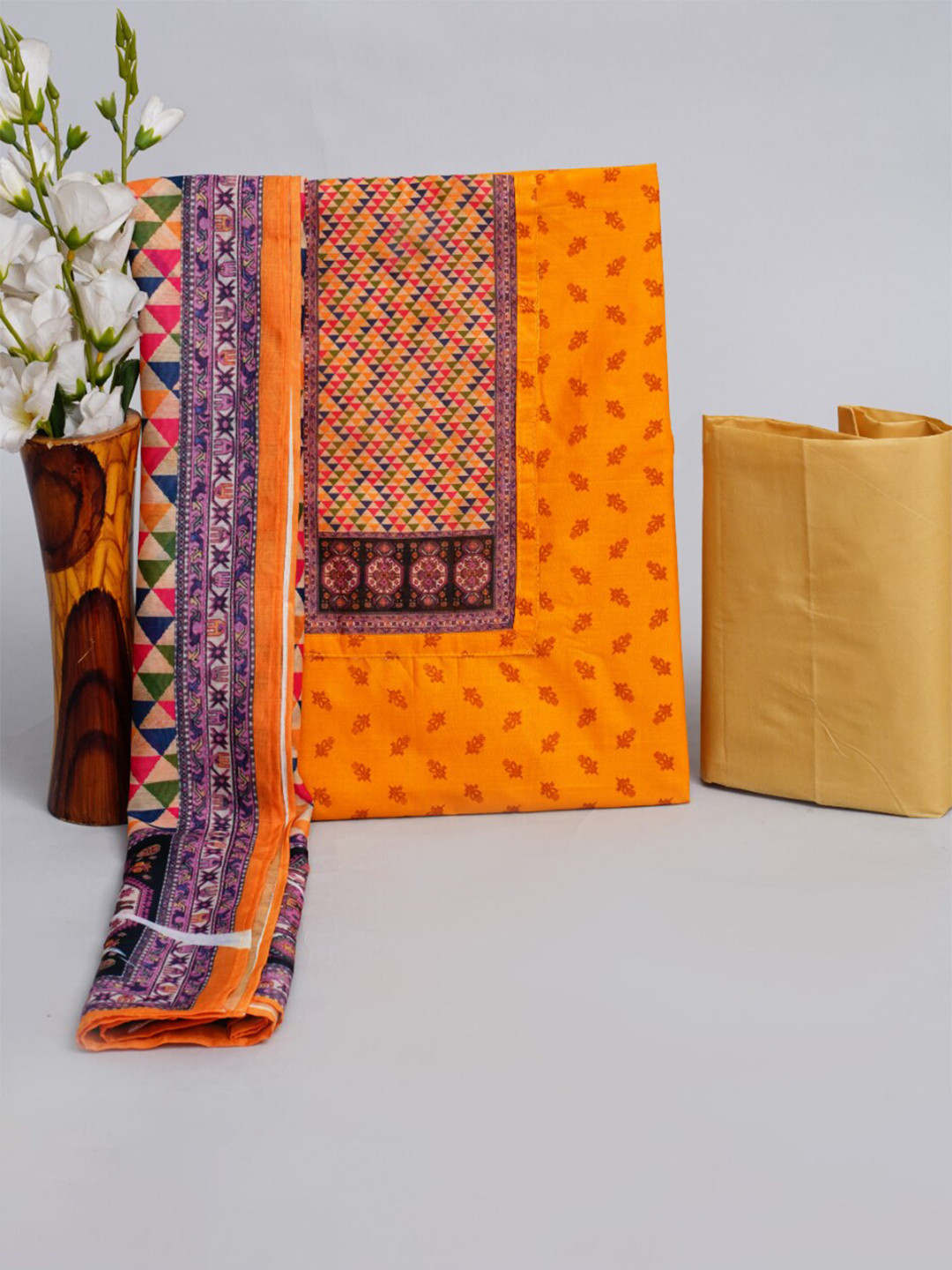 

KALINI Ethnic Motifs Printed Pure Cotton Unstitched Dress Material, Mustard