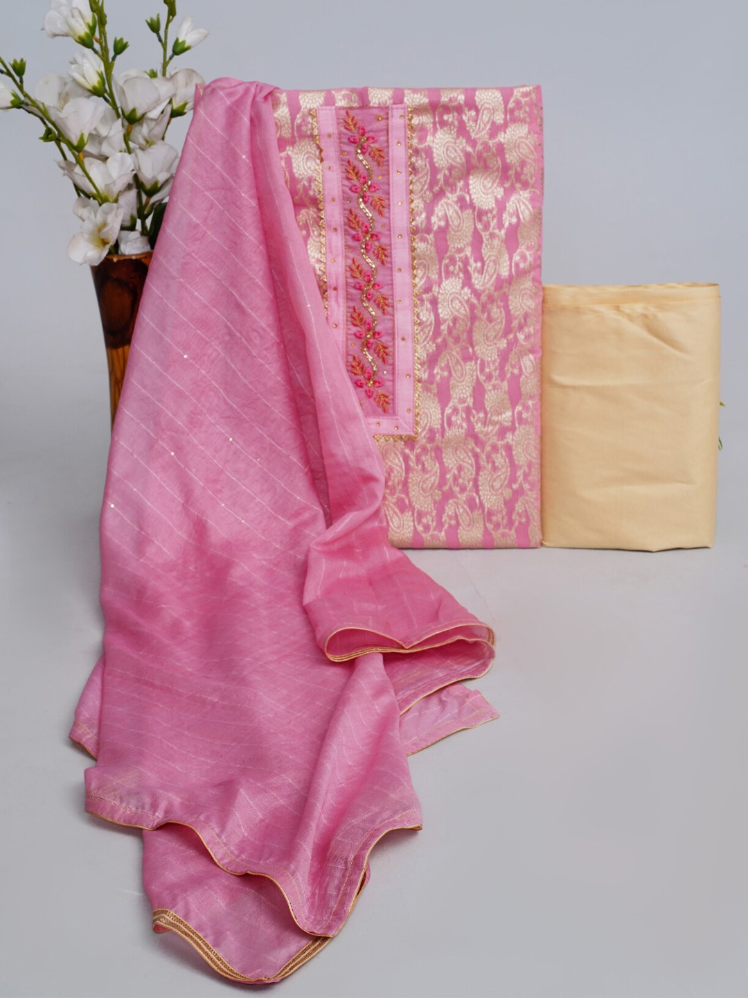 

KALINI Ethnic Motifs Woven Design Gotta Patti Chanderi Silk Unstitched Dress Material, Pink