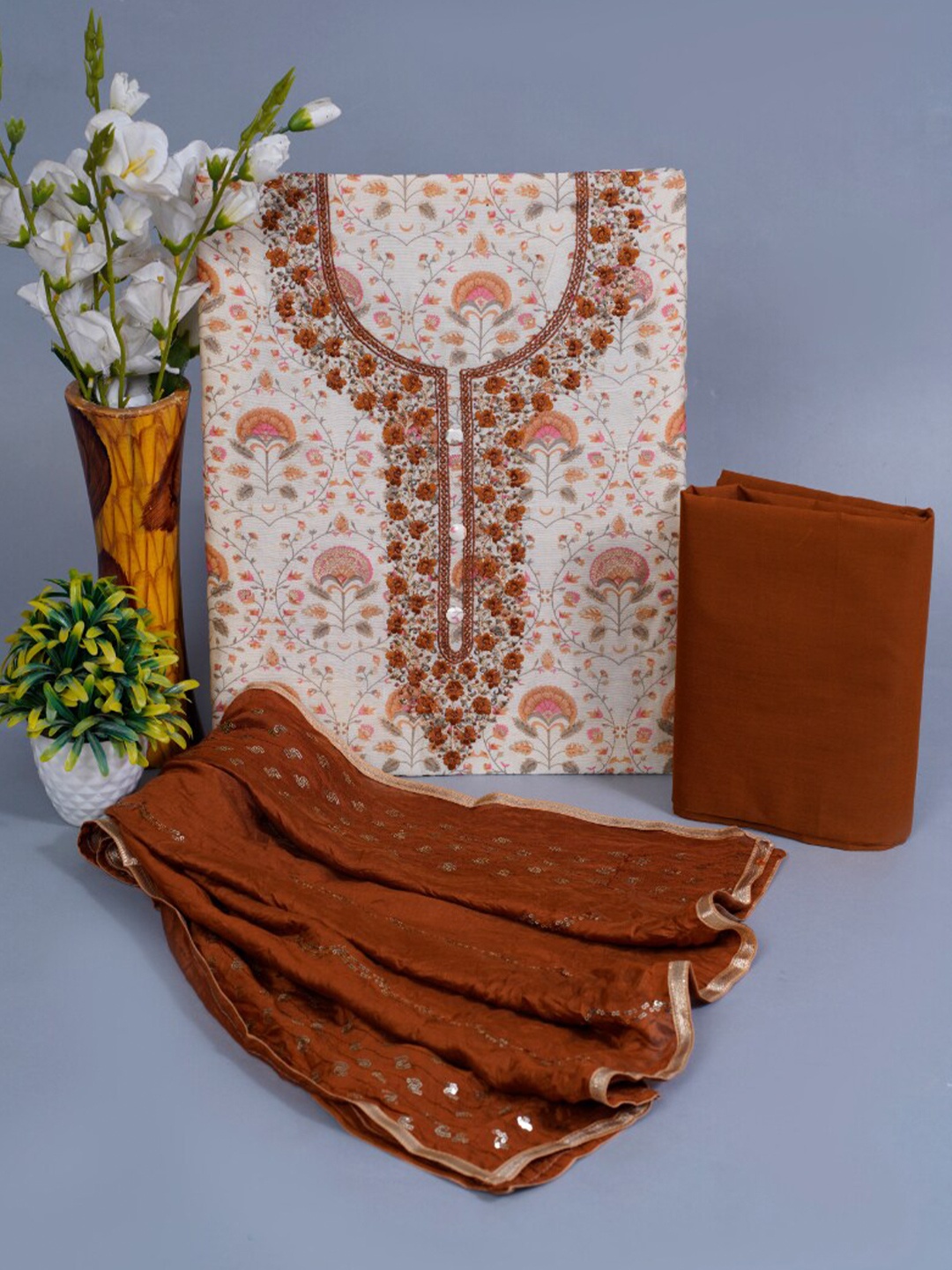 

KALINI Floral Printed Sequinned Chanderi Silk Unstitched Dress Material, Rust